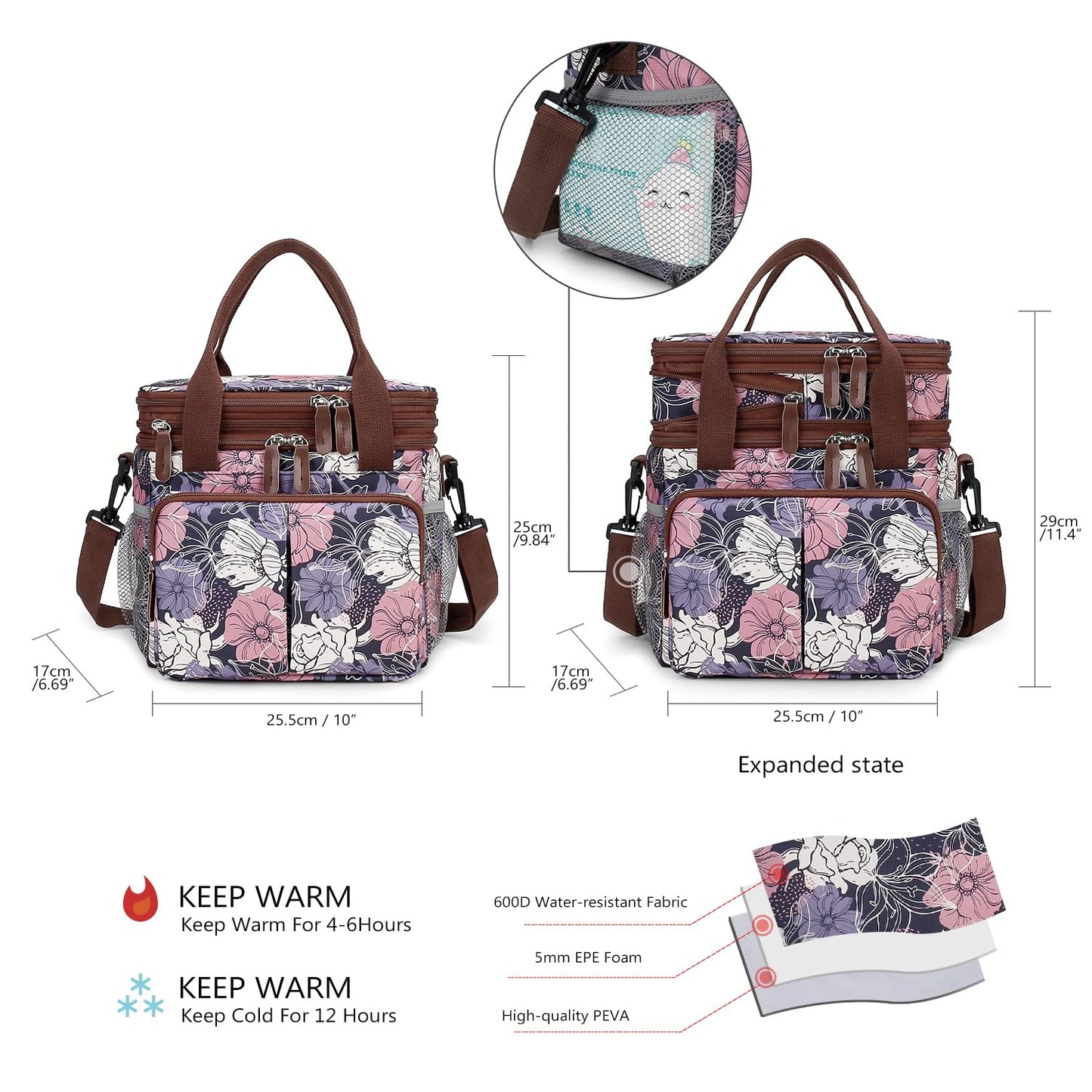 MOV COMPRA Lunch Bag for Women Men Double Deck Expandable Lunch Box,Large Lunch Bags,Leakproof Lunch Box Cooler Bag (Purple Flower)