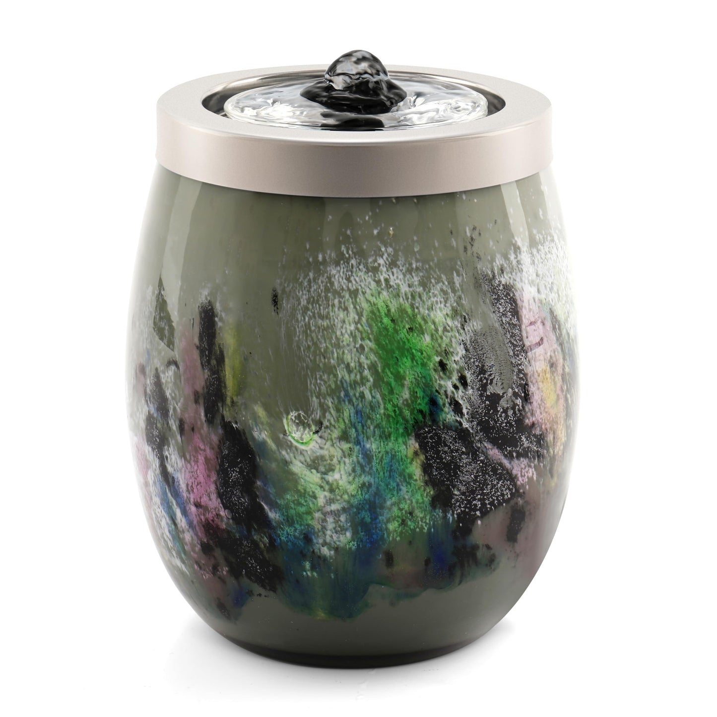 VOREEN Handblown Art Glass Tabletop Fountain, Quiet USB Desk Water Feature for Home & Office, Artisan-Made Landscape Glass Water Design with Soft White Ambient Glow, Collectible Décor Gift – Grey
