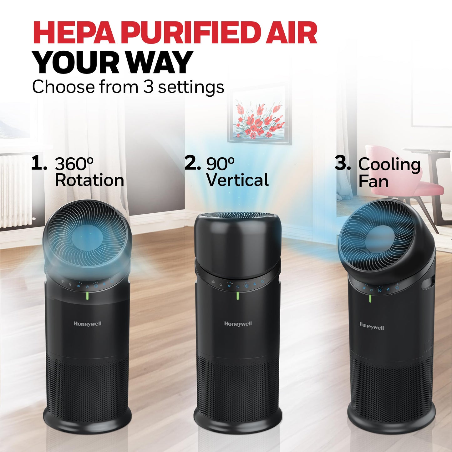 Honeywell Allergen Plus™ 3-in-1 HEPA Air Purifier, Fan & Air Circulator, 1928 Ft² Rooms in 1 hour, Air Quality Sensor, Sleep Mode, Reduces Allergens, Pet Dander, and Odors, Black, HPA6000B