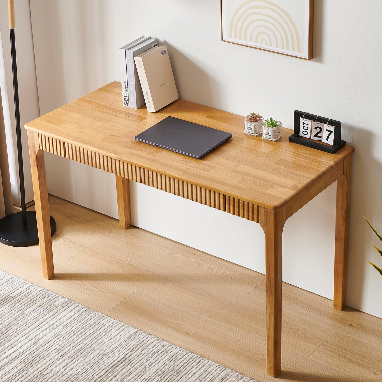 JTYP Solid Wood Desk with Drawers, Light Wood Desk for Small Spaces, Small Writing Desk for Bedroom, Gaming Study Home Office Wooden Desks for Work, 47 inch Wood Computer Desk