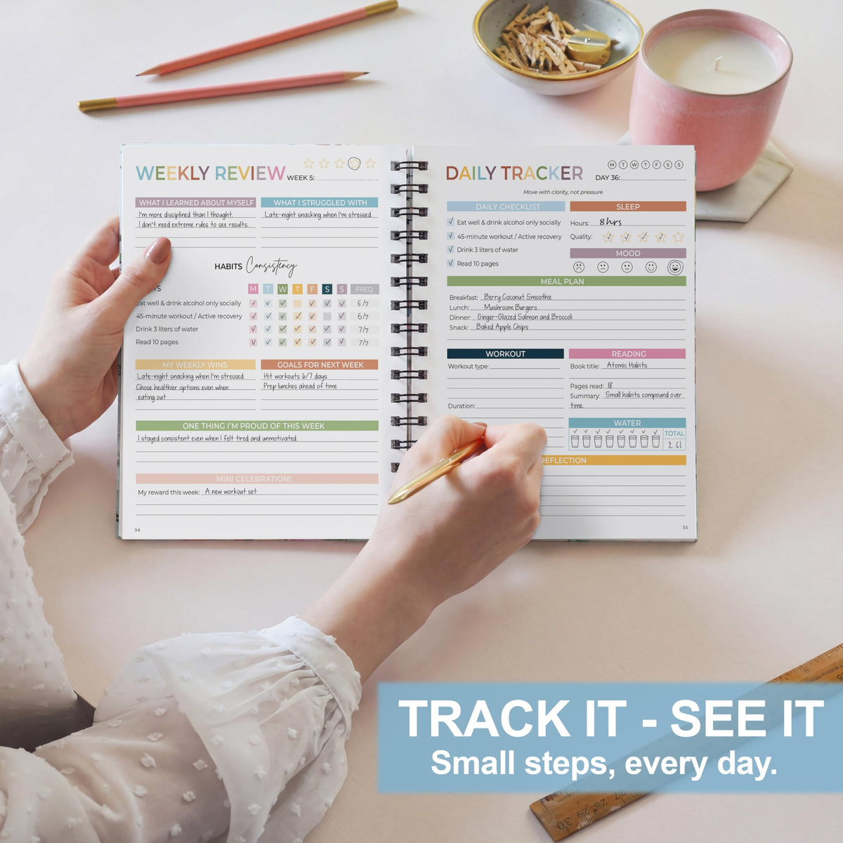 HAMIEW 75 Soft Challenge Journal - A5 Spiral 75-Day Habit Tracker Planner, 108-Page Full-Color Daily Logs, Weekly Reviews, Meal Water Workout Reading Tracker