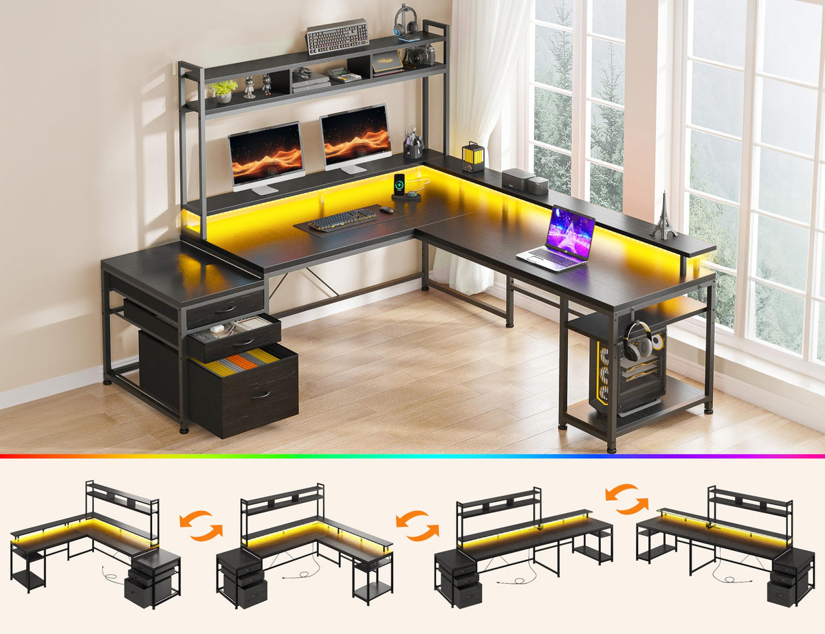 EnHomee104''Gaming Desk with Hutch and Drawers, Reversible L Shaped Desk with Power Outlet & Monitor Stand & LED Lights, Computer Corner Desk, Two Person Desk of 3 monitors for Living,Gaming,Black