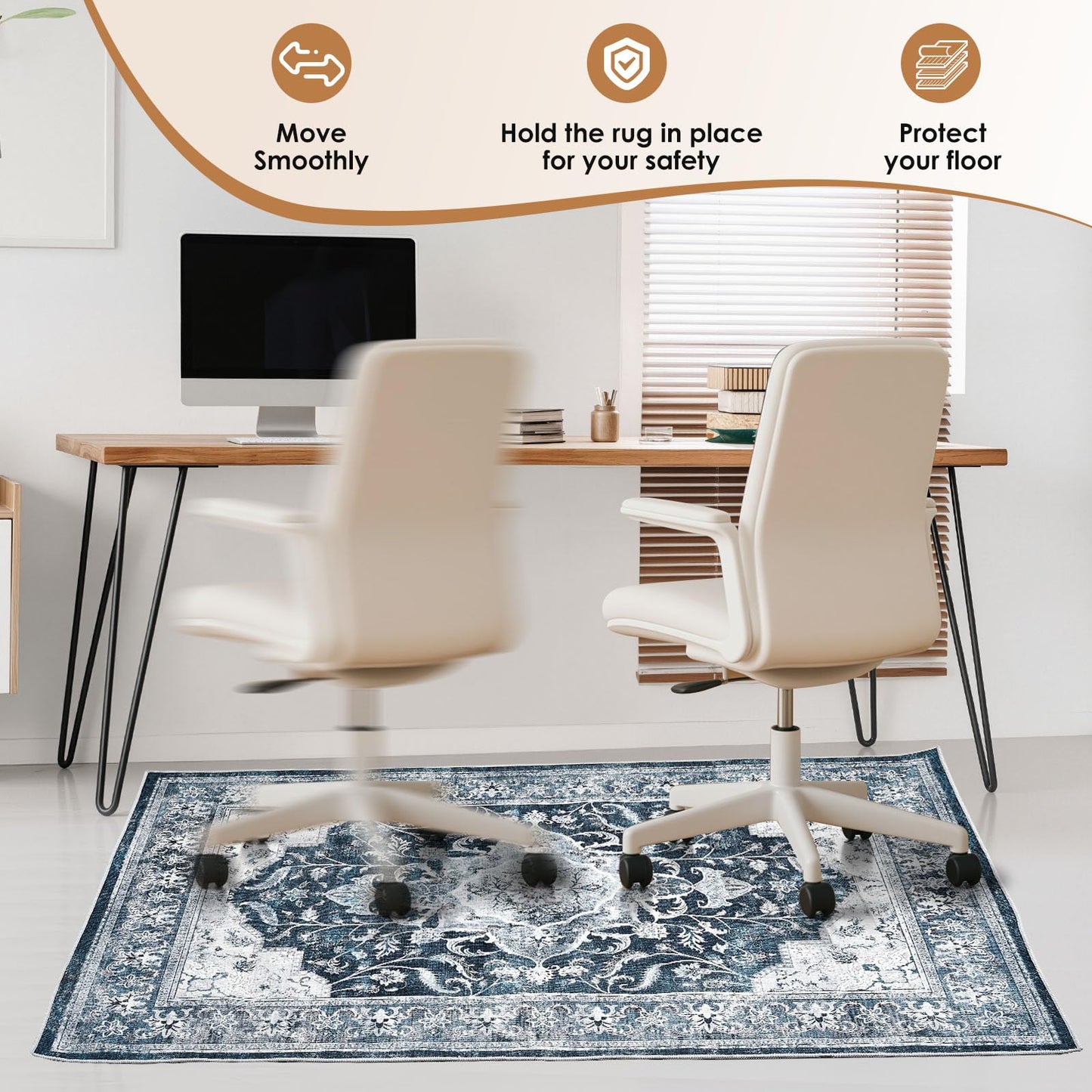 Office Chair Mat for Hardwood Floor & Tile Floor, 36"x48"Anti-Slip Under Desk Carpet Protector for Rolling Computer Chair Mat, Machine Washable Office Area Carpet (Chenille,Blue)