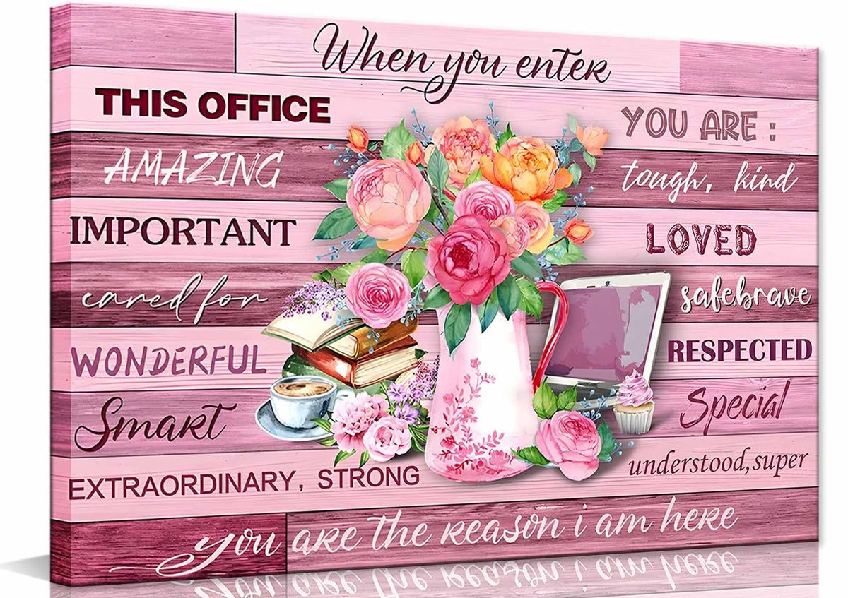 Framed Floral Canvas Wall Art Women Pink lnspirational Quotes flowers Pictures Office Wall Decor Rustic Paintings Prints Artwork Modern Poster Home for Living Room Bathroo Bedroom16x24inch(40x60cm)