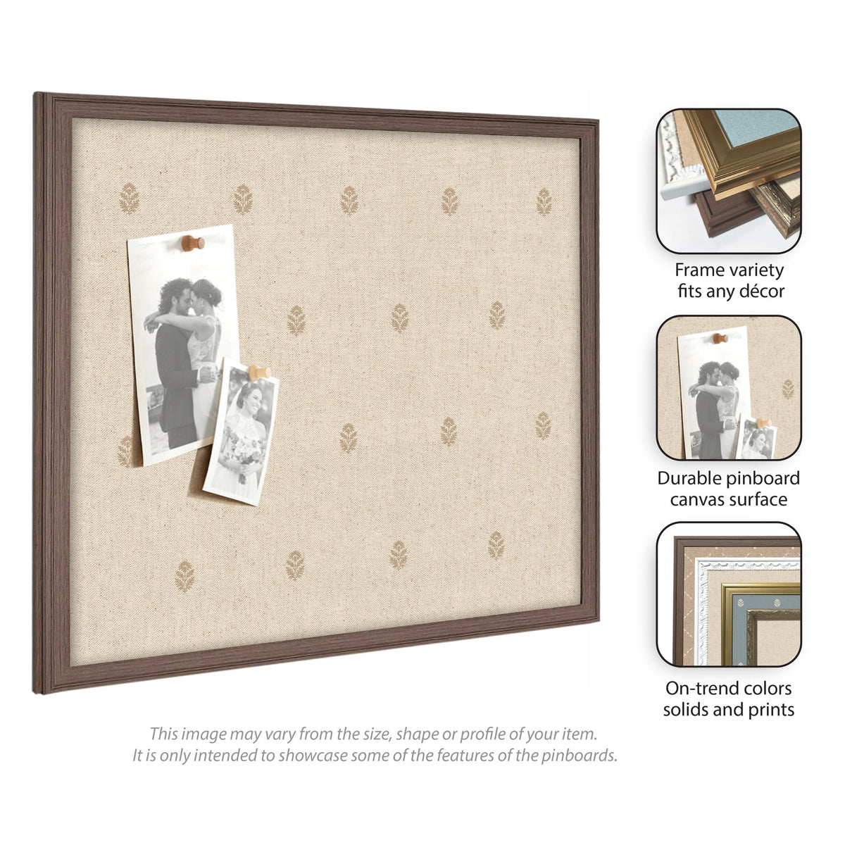 Kate and Laurel Framed Fabric Pinboard 38 x 26, Beige Botanical Block Print Printed Linen Classic Bulletin Board for Use as a Vision Board or Wall Organization, Florence Light Brown Frame