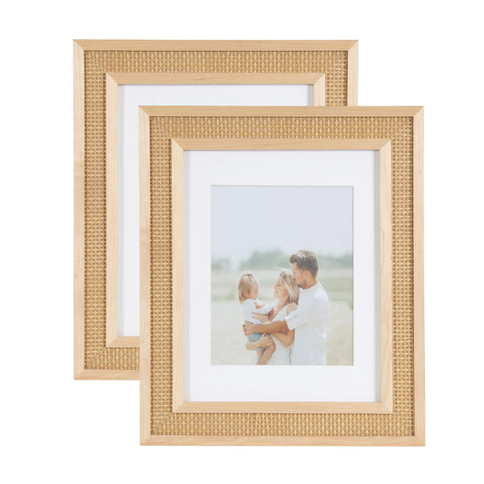 Kate and Laurel Corah Modern Faux Rattan Picture Frame Set of 2, 11 x 14 matted to 8 x 10, Natural, Boho Two-Piece Glass Photo Frame Set for Gallery Wall Design in Living Room Wall Decor