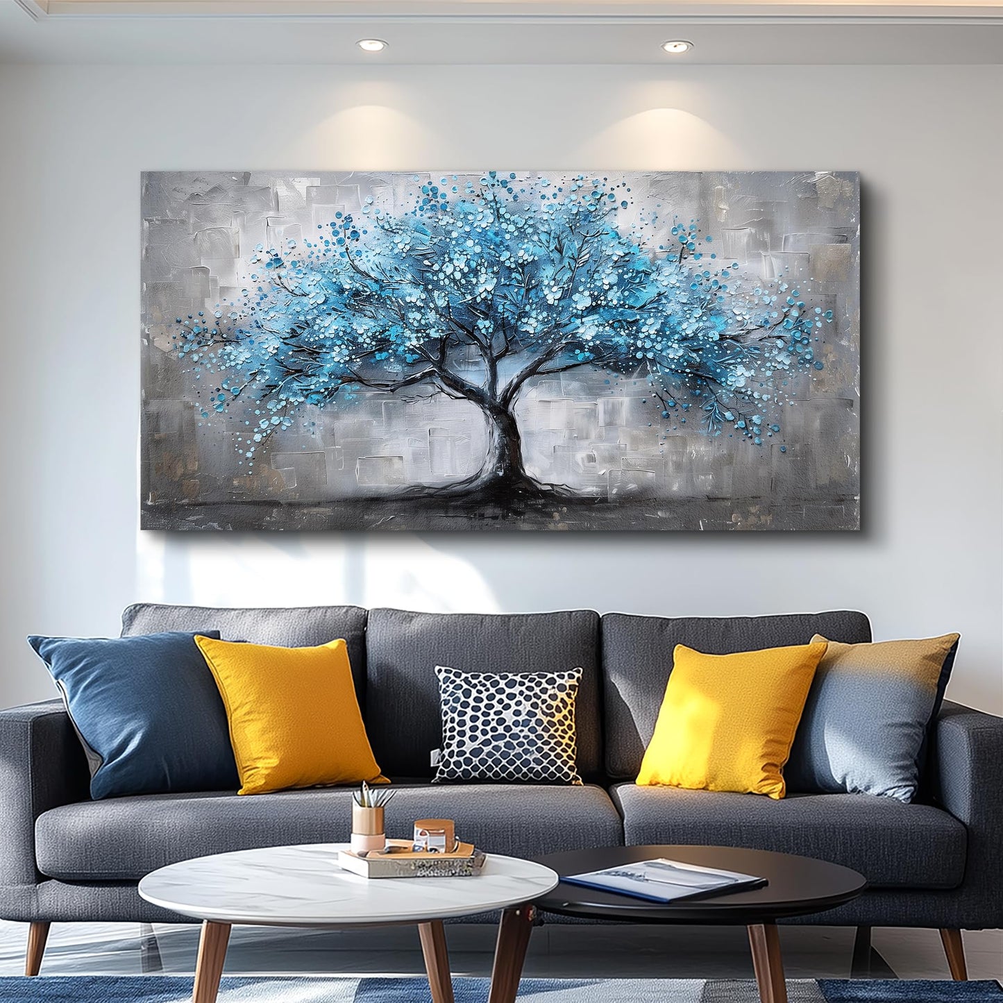 FUHAIHUA Canvas Wall Art For Living Room Wall Decor For Bedroom Office Decortions Black And White Wall Paintings Blue Trees Pictures Framed Mural Aesthetic Home Decor Posters Artwork 20x40 In