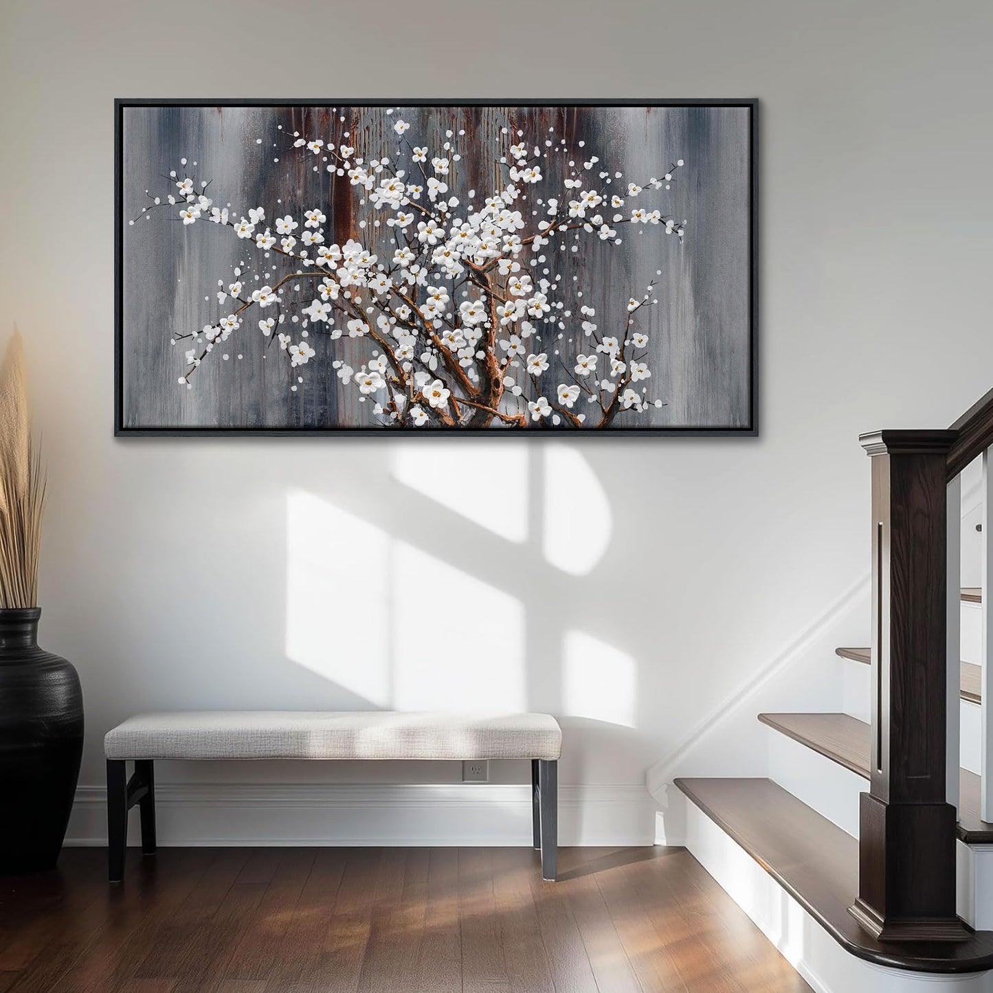 Wall Art for Living Room Large Modern Wall Decor Canvas Paintings for Wall Decorations White Flower Brown Bedroom Office Artwork Plum Blossom Art Prints Framed 24×48IN