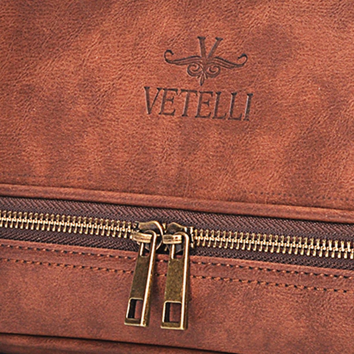 Vetell Classic Leather Men's Travel Toiletry Bag and Dopp Kit with Upper and Lower Zippered Compartments, 2 Mesh Bottle Pouches and Carrying Handle