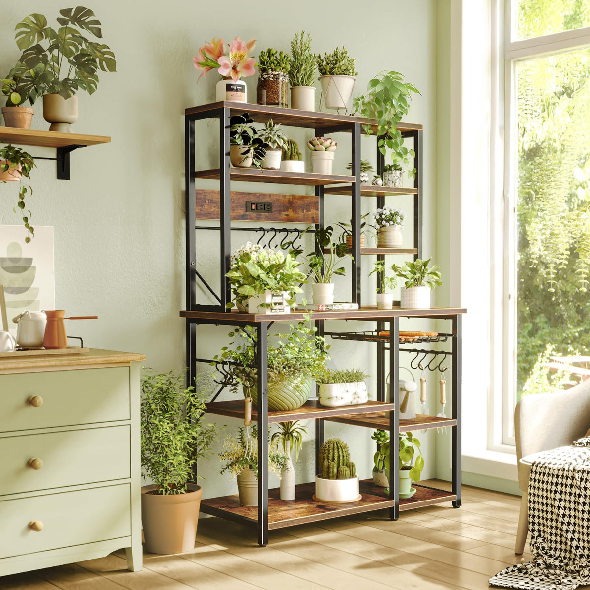 SUPERJARE Large Bakers Rack with Power Outlets, 6-Tier Microwave Stand, Coffee Bar with 12 S-Shaped Hooks, Kitchen Shelf with Wire Basket, 39.4 x 14.6 x 66.9 Inches, Rustic Brown