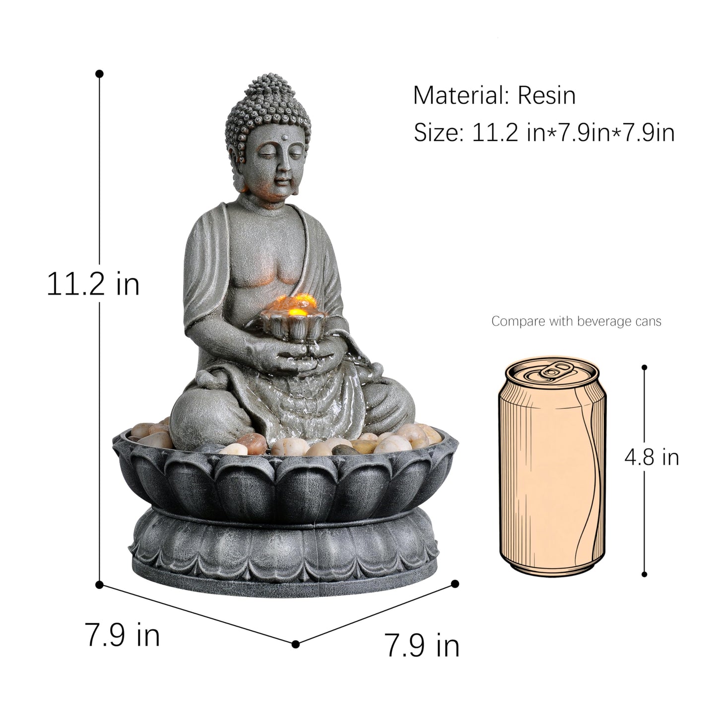GOSSI 11.2 Inch Tall Indoor Tabletop Buddha Fountain with Reflective Lighting and Cobblestone Base, Zen Desk Water Fountain for Office and Home Decor