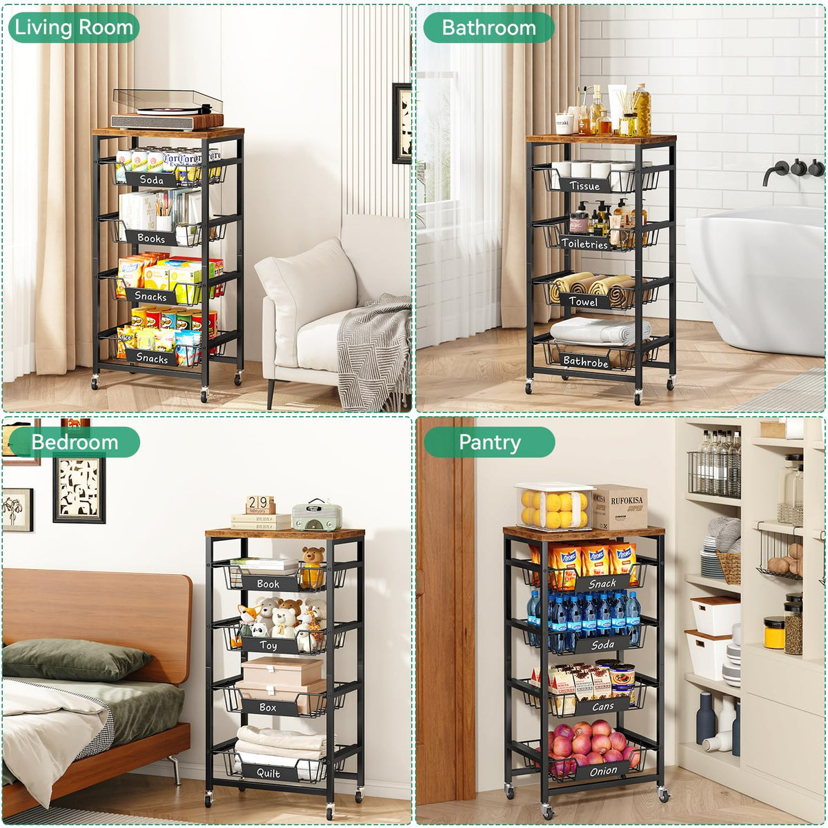 IBUYKE Kitchen Fruit Vegetable Storage Cart with Drawers,Metal Rolling Utility Cart with Fruit Basket and Wooden Top,Rolling Snack Kitchen Cart for Bedroom,Pantry,Office,Rustic Brown UTLJ026H