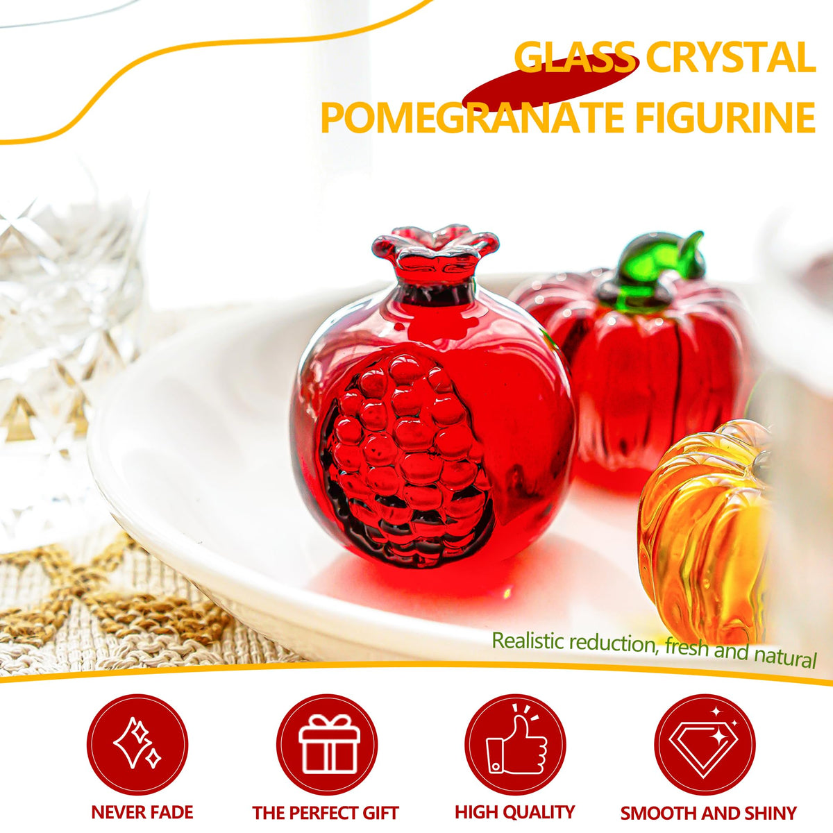 KRISININE Crystal Pomegranate Figurine Glass Pomegranate Artificial Fruit Paperweight for Home Office Tabletop Decor