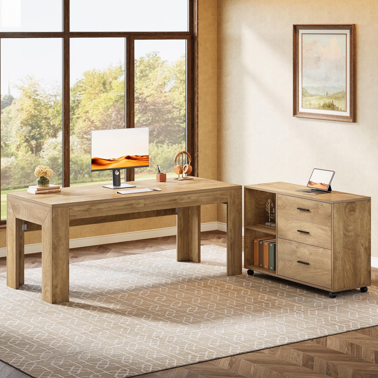 Tribesigns 63" L Shaped Desk with Storage, Executive Office Desk with Rolling File Cabinet Combo, Large Computer Table with Drawers and Shelves, Business Furniture Set for Home Office, Brown