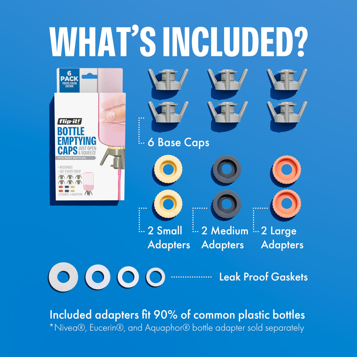 Flip-It! Bottle Emptying Kit – 6 Bottle Pack - No more wasted product - Fits most plastic bottles – 6 Base Caps, 6 Adapters – Pastel Color Edition