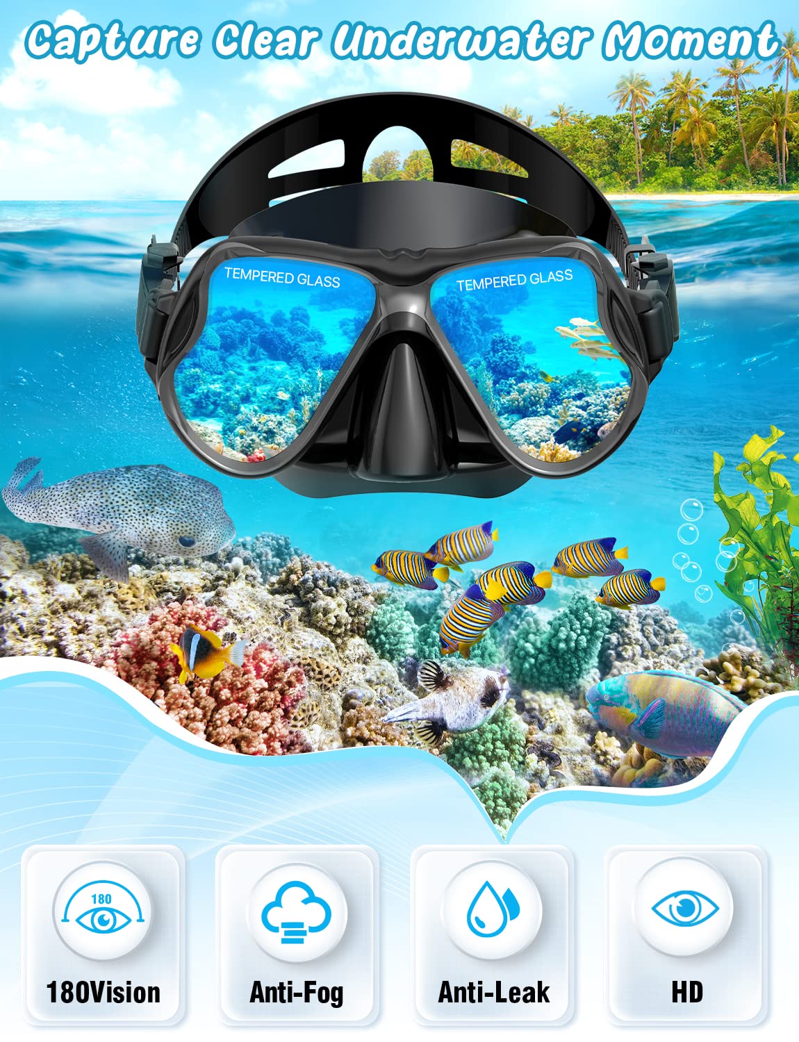 Zenoplige Mask Fins Snorkel Set, Snorkeling Gear for Adults, Panoramic View Snorkel Mask Anti-Fog, Adjustable Dive Flippers, Dry Top Snorkel and Travel Bag, Scuba Gear for Swimming Snorkeling Diving