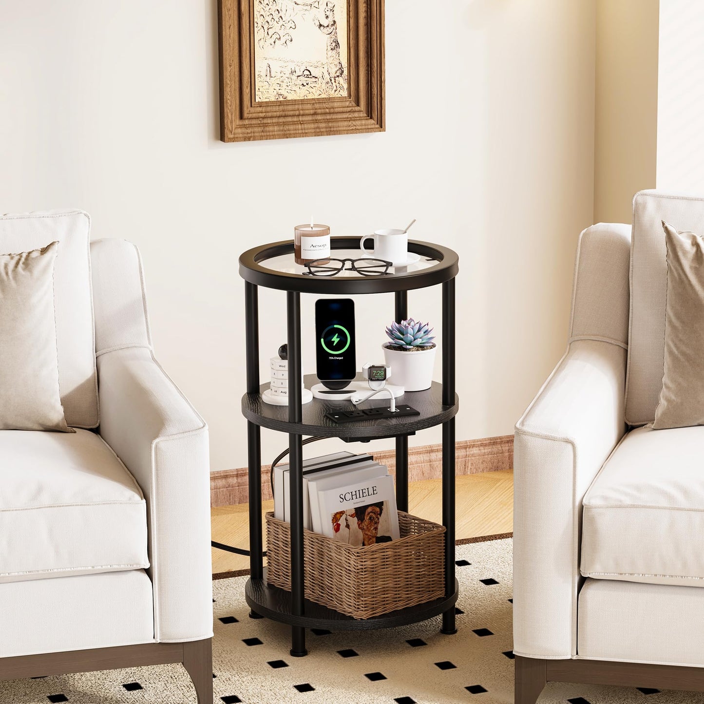 Homeiju Glass Side Table, 3-Tier Glass End Table with Adjustable Feet, Bedside Table for Small Space for Living Room, Balcony, Bedroom, Black, with USB Ports & Power Outlets
