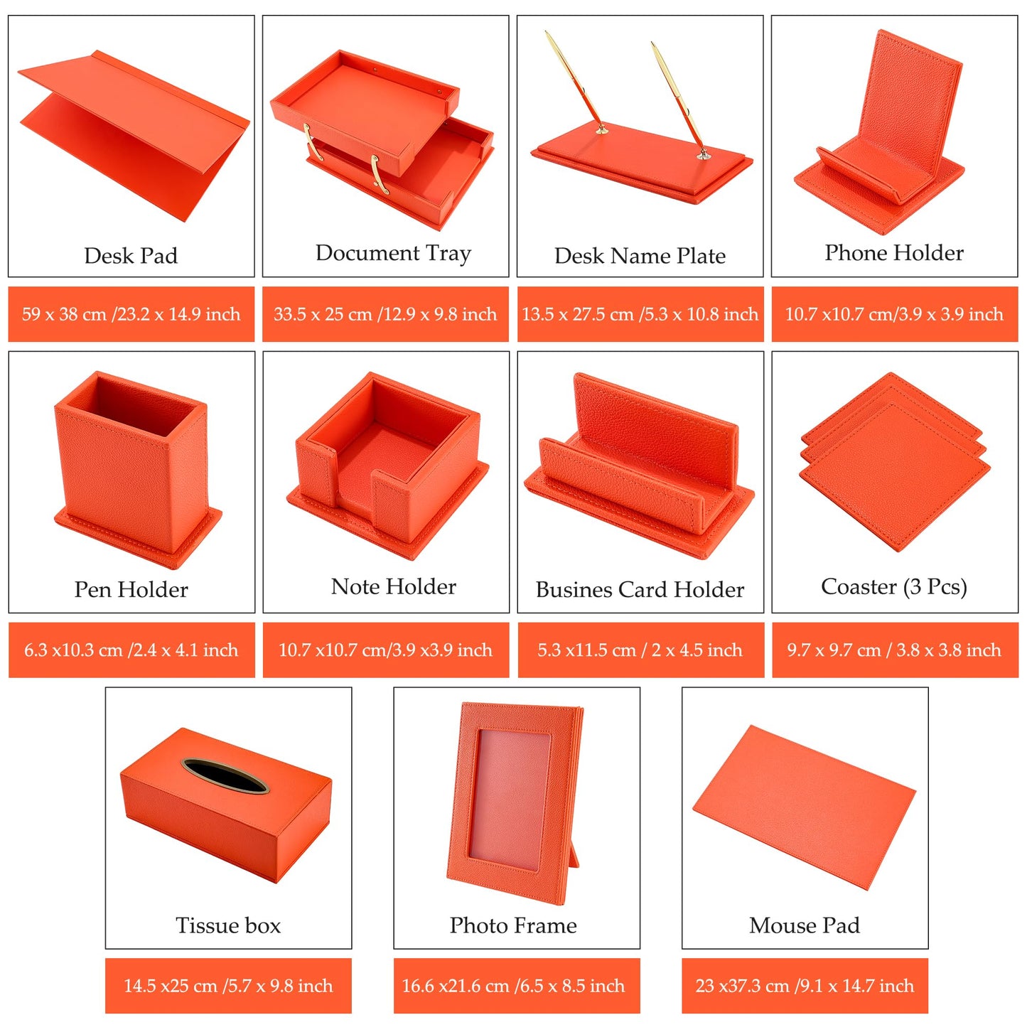 RitPin Luxury Executive Leather Desk Organizer Set –15-Piece Office Desk Accessories with Desk Pad, Letter Tray, Phone Stand, Pen Holder & Coasters – Professional Office Desk Decor & Gift (Orange)