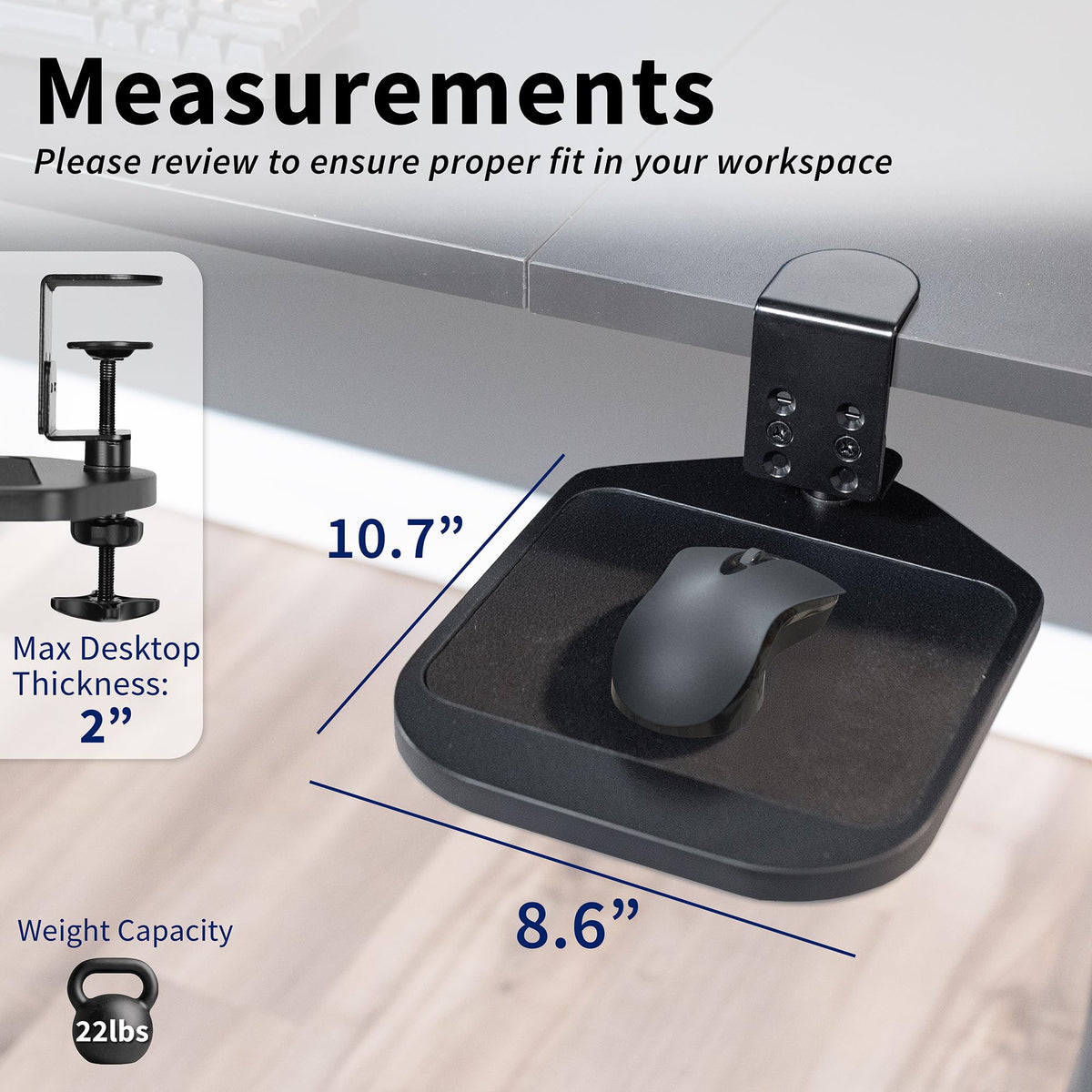 VIVO Clamp-on Wooden Mouse Pad Holder Platform, Adjustable Under Desk 360° Rotating Tray Rest Extension Attachment, up to 2 inch Desktops, Black, MOUNT-MS01B