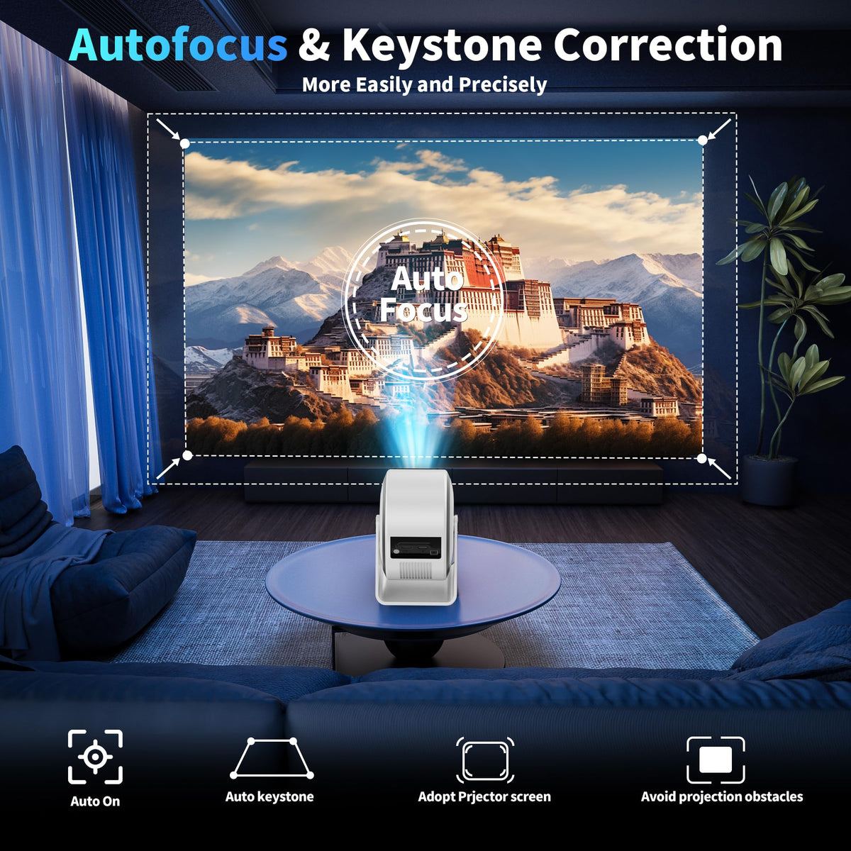 Mini Projector 4K 1080P [Built-in Apps] 2026 Upgraded Projector Portable, Auto Focus & Auto Keystone 360° Rotatable, with WiFi 6 & Bluetooth 5.4 Compatible with HDMI/TV Stick/USB/Laptop,White