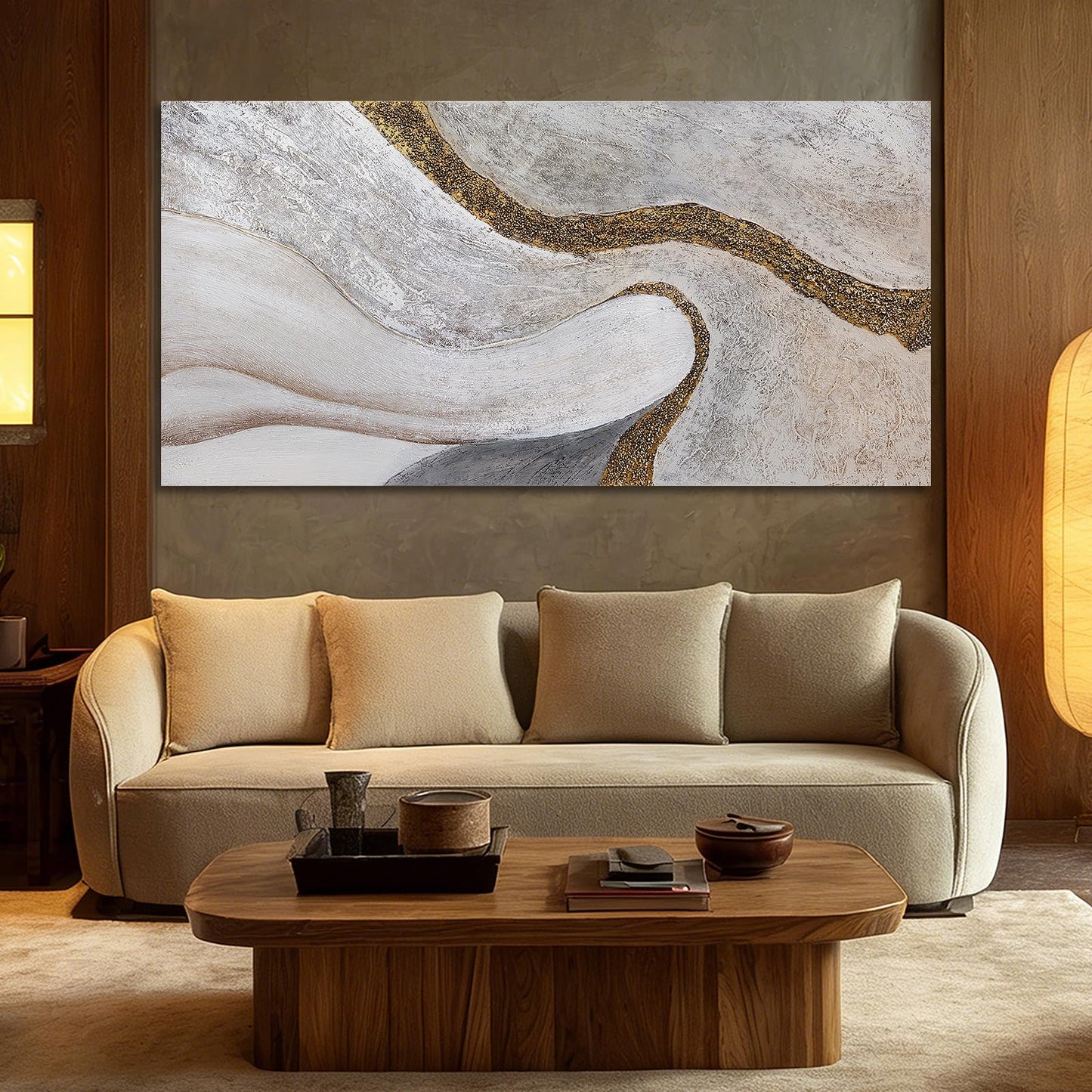 ZUNARE Modern White and Gold Abstract Canvas Wall Art Textured Posters Picture Flowing Line Design Minimalist Artwork for Living Room Bedroom Office Neutral Wall Decor 24x48 Inch