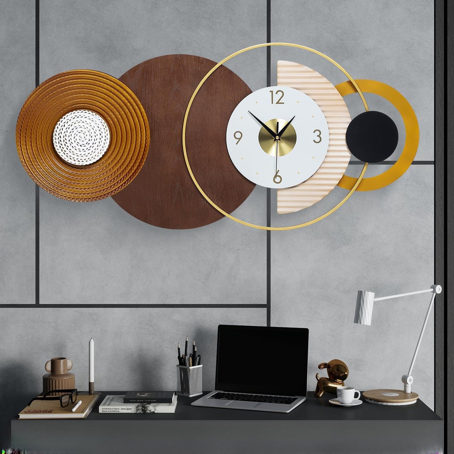Anmotpe 47.2x22.8 inch Large Mid Century Wall Clock for Living Room, Metal & Wood Modern Brown Decorative Clocks Silent Battery Operated for Home, Office, Bedroom, Dining