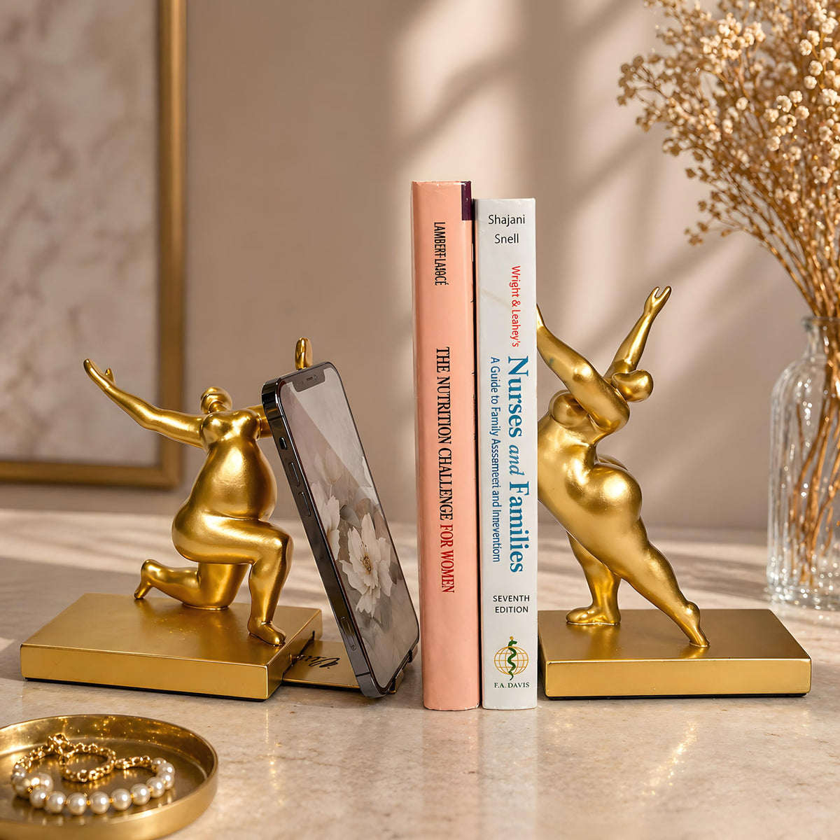 Decorative Bookends Set of 2 – Modern Sculptural Art Book Ends with Adjustable Magnetic Phone & Tablet Holder – Premium Resin with Metal Plate – Contemporary Home & Office Decor – Metallic Gold