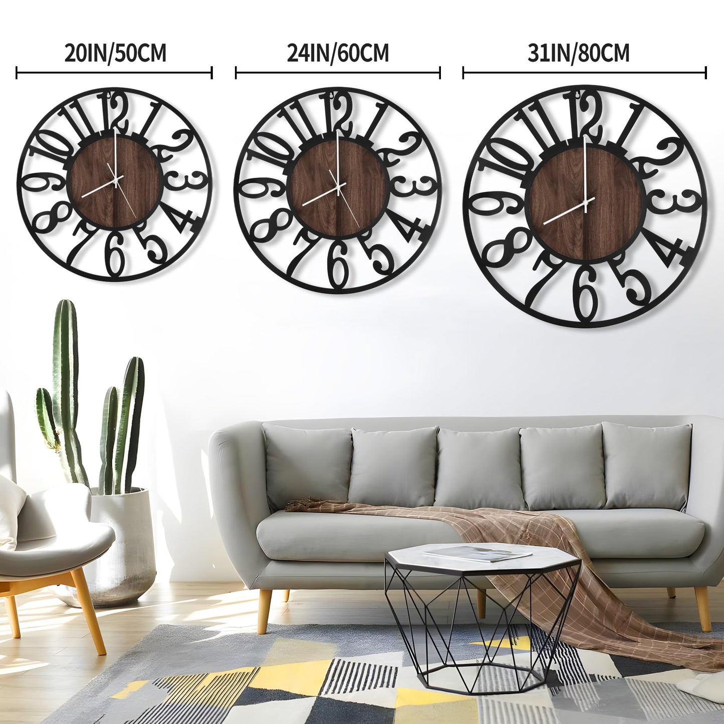 LEIKE Large LED Wall Clocks,Silent,Non Ticking,Battery Operated Rustic Round Modern Big Wood Wall Clock for Living Room, Bedroom,Kitchen,Farmhouse,Office,Home Decor -24" Black,LED,Arabic Number