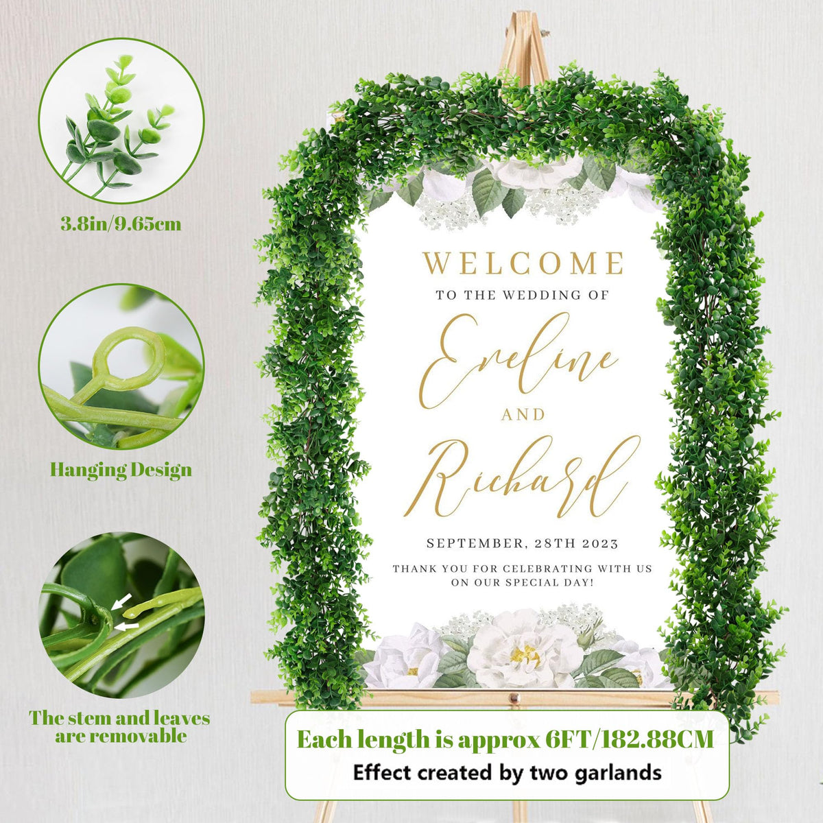 DDHS Artificial Boxwood Garland, 6FT Fake Plant Greenery Eucalyptus Garland Faux Vines Hanging Plant Green Artificial Boxwood Plants for UV Outdoor Indoor Wedding Backdrop Wall Table Farmhouse Party