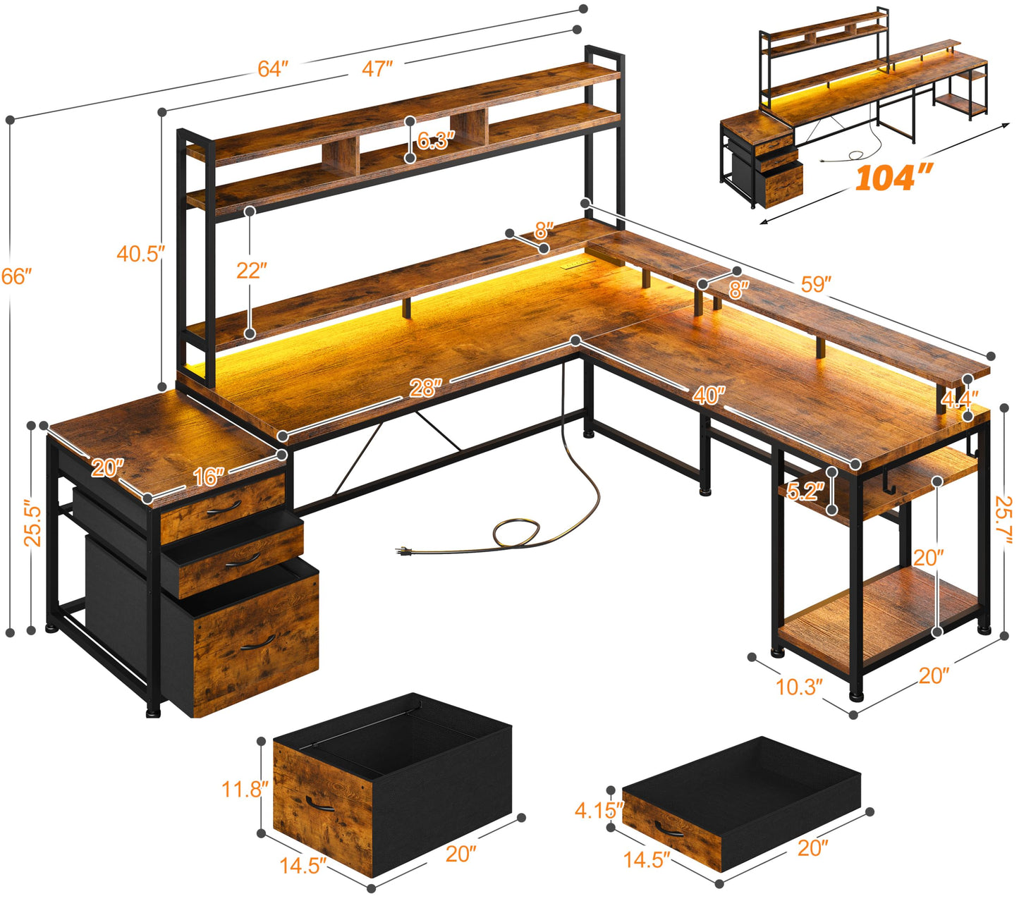 EnHomee 64 x 60 Inch L Shaped Desk with Hutch and Drawers,Reversible Gaming Desk with Power Outlet & Monitor Stand & LED Lights,Computer Corner Desk,Two Person Office Desk for Living,Bedroom,Brown