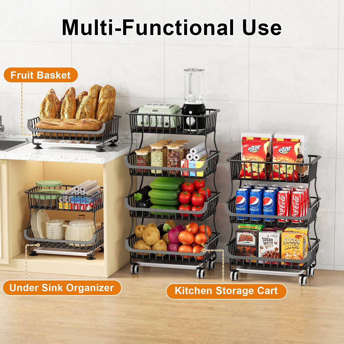 3 Tier Rolling Pantry Floor Organizers and Storage Cart with Wheels, Stackable Wire Fruit Basket Stand for Kitchen Organization, Three Tiered Pantry Storage Rack for Snack, Vegetable, Produce, Fruits