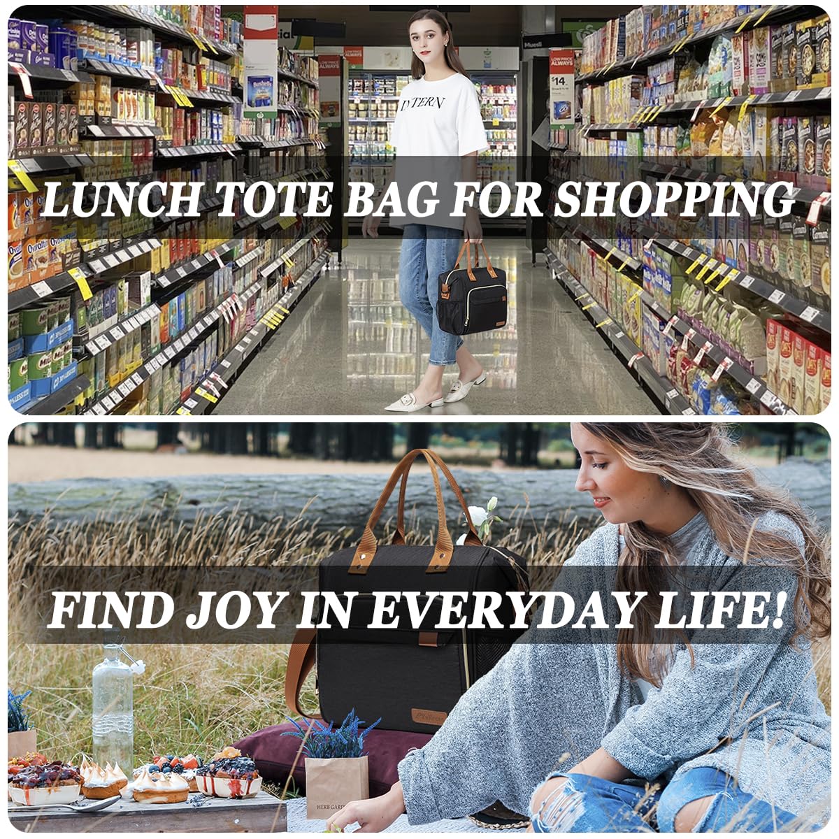 Black Lunch Box for Women Insulated Lunch Bag for Work - Adult Stylish Lunch Tote Bag for Shopping Soft Cooler for Beach Picnic Travel