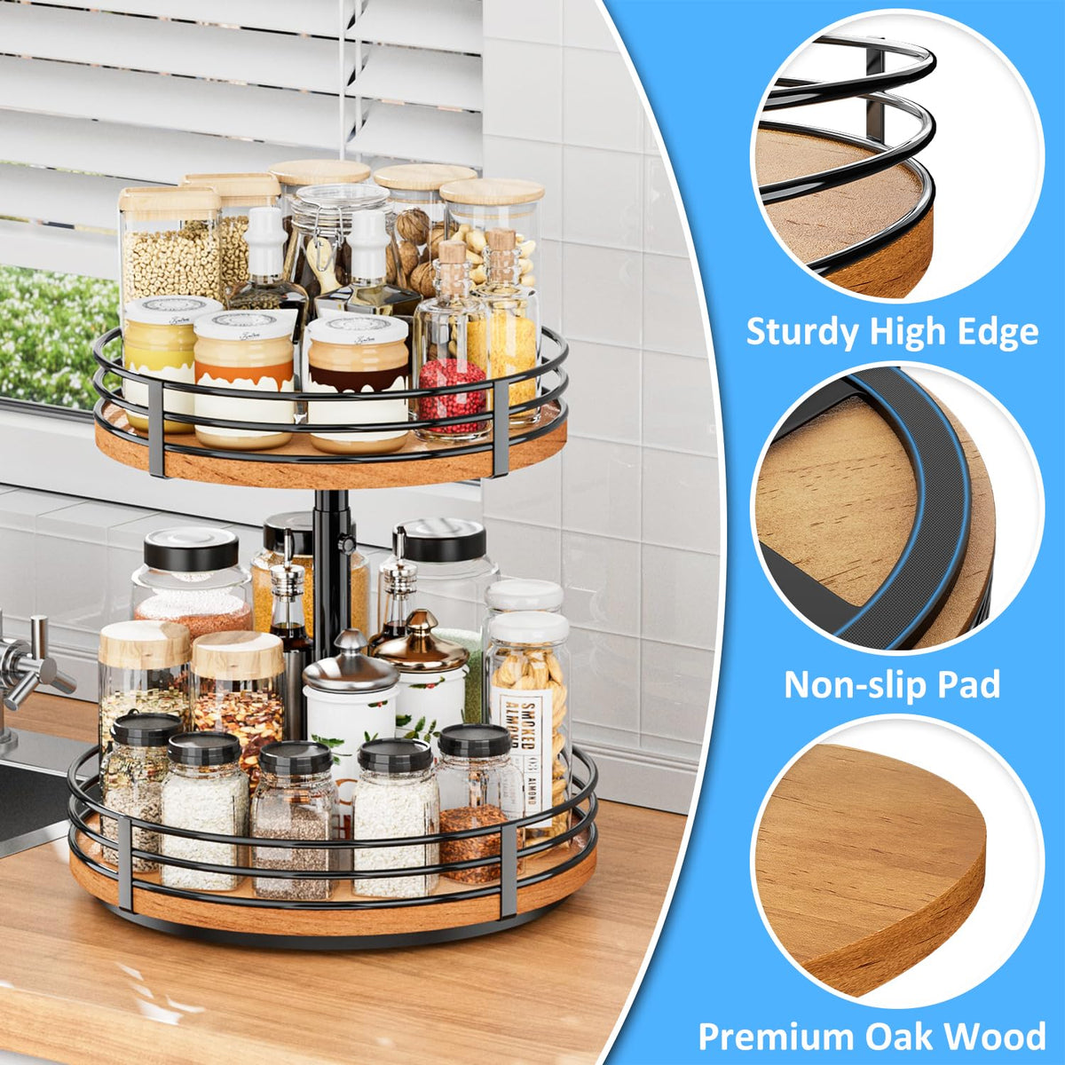 Lazy Susan Turntable Organizer Adjustable - 2 Tier Wood Rotating Spice Rack 12 Inch Lazy Susan for Kitchen Countertop Cabinet Pantry Cupboard Dining Table Bathroom Coffee Bar Home Storage