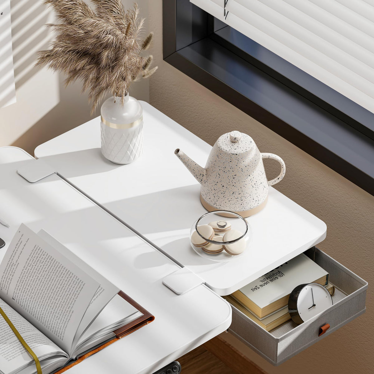 PEGZONE Desk Extender Tray, 24" x 12" Clamp On Desk Shelf, Desk Extension with Storage Drawer, Table Desk Arm Rest, Clamp On Keyboard Tray for Office and Home, Workstation Organizer, Medium, White
