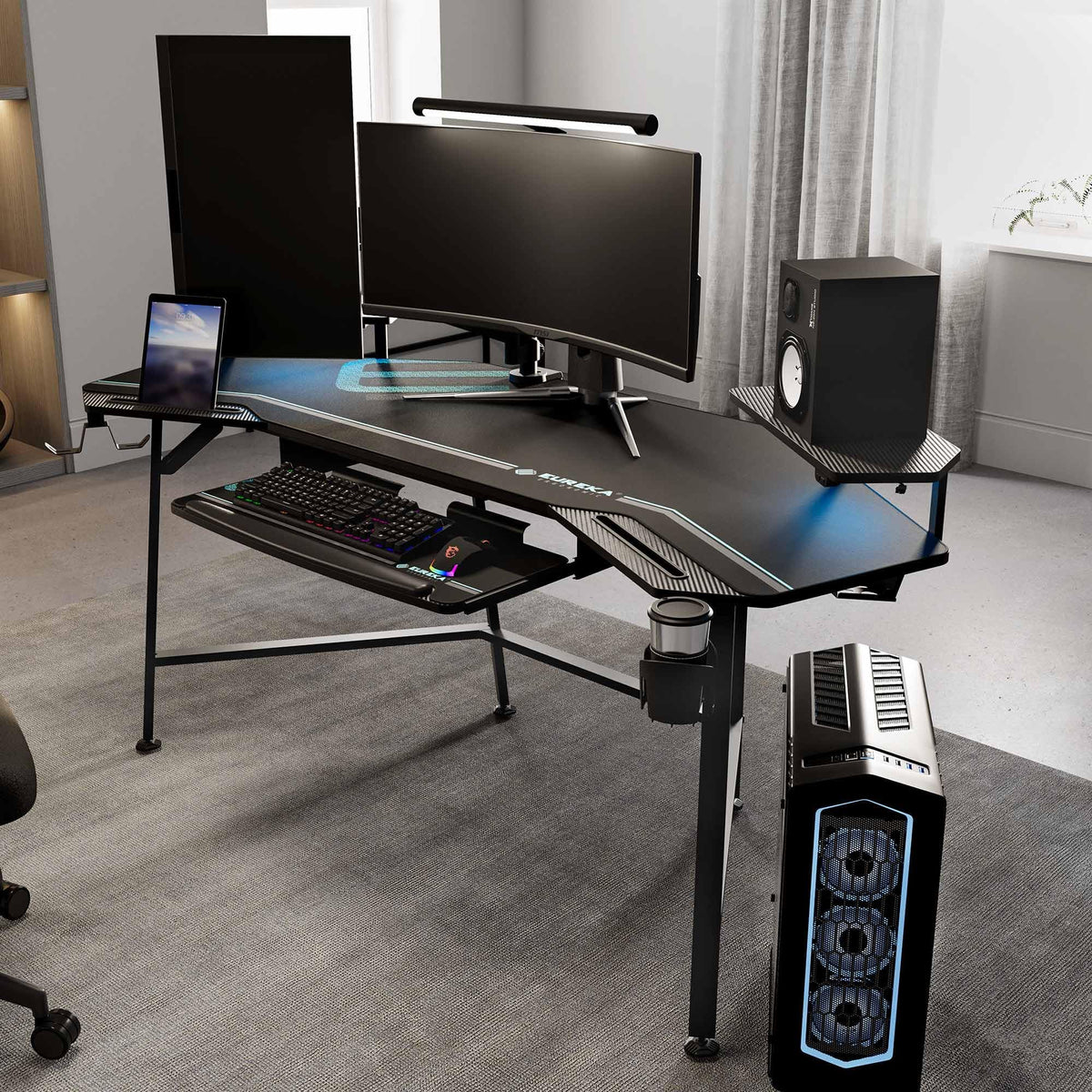 EUREKA ERGONOMIC Aero 72 Inch Gaming Desk with Keyboard Tray, Large Computer Desk Led Lights, Wing-Shaped Monitor Stand Dual Headphone Hanger Cup Holder for Studio,Streamer,Live,Black