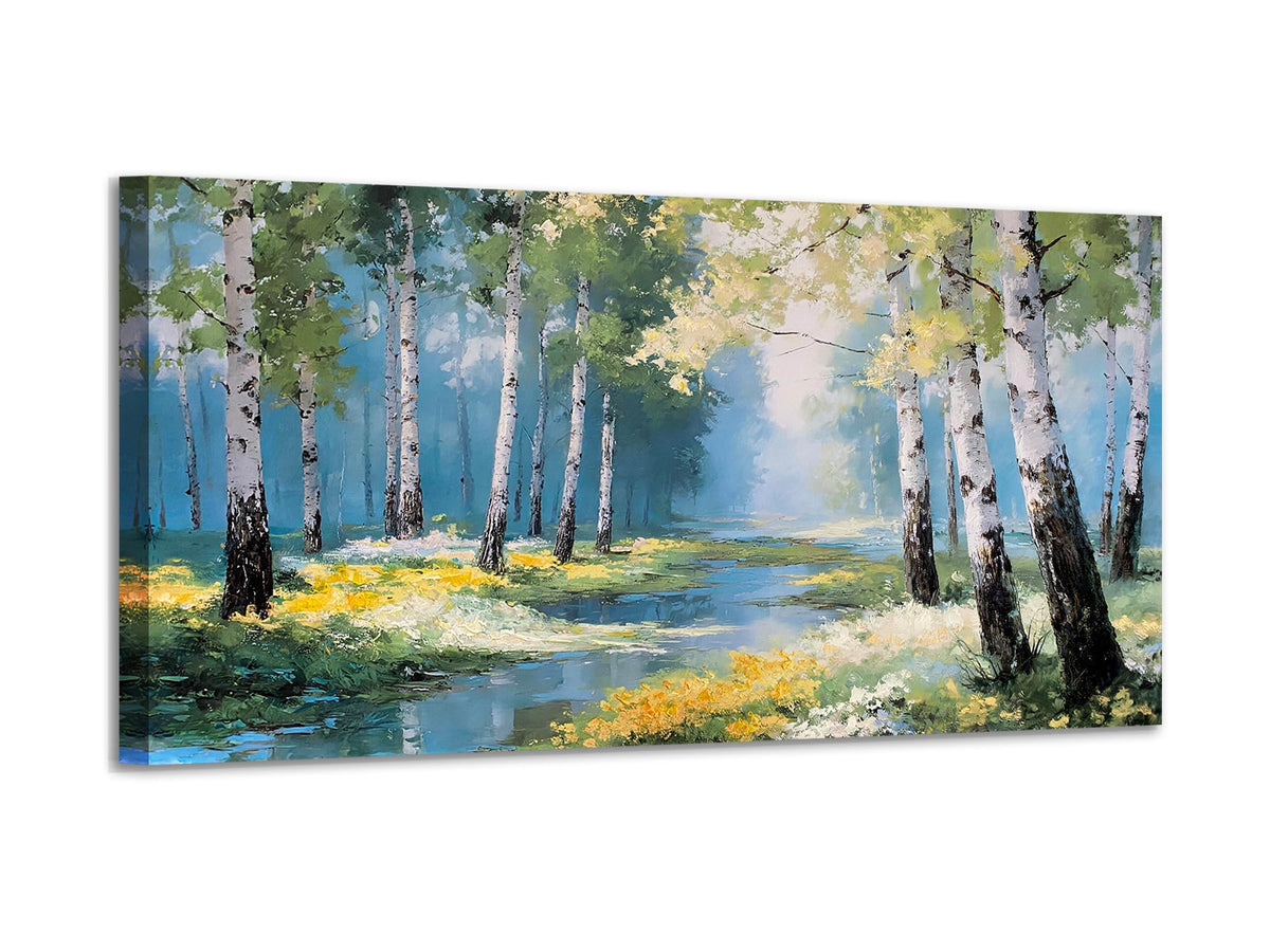 Ardemy Birch Forest Stream Canvas Wall Art, 40"x20" Hand-Painted Texture Landscape Painting with Wildflowers, Calming Nature Scenery for Living Room Bedroom Bathroom Home Office Decor