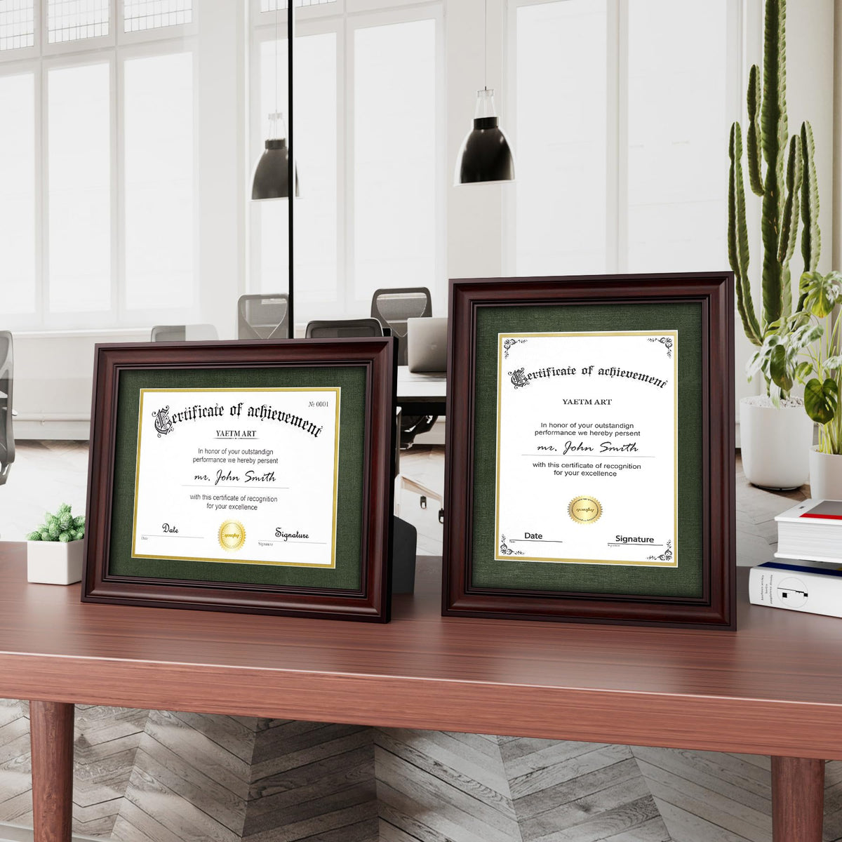Yaetm 11x14 Diploma Frame, Certificate Frame with Tempered Glass, Display 8.5x11 Document with Dark Green Over Gold Acid-free Mat or 11 x 14 without Mat, Wide Molding (Single, Brown/Green)