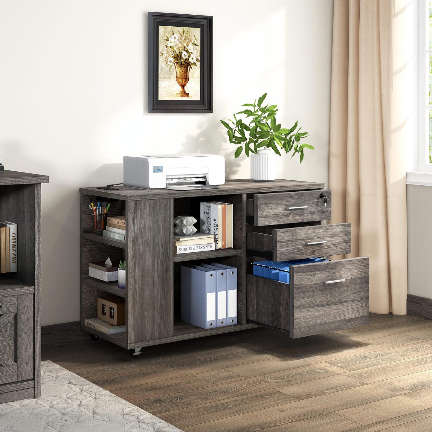 DWVO File Cabinet with Charging Station, 3 Drawer Mobile Filing Cabinet with Lock, Printer Stand with Open Storage Shelf for Home Office, Grey