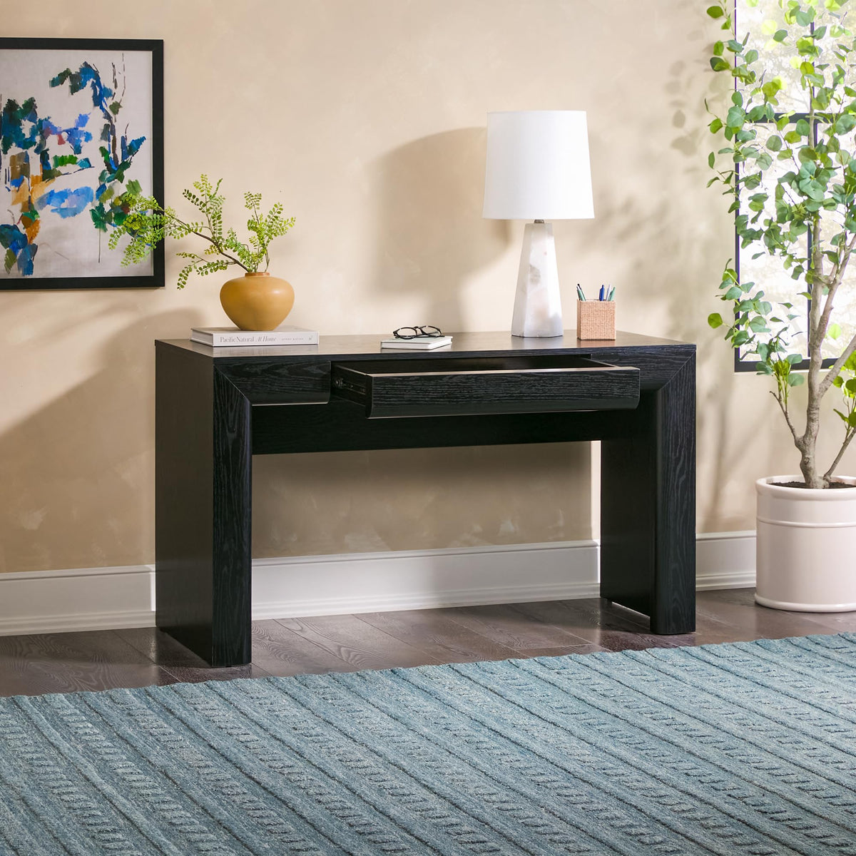 Walker Edison Amira Modern MDF Waterfall Writing Desk with a Built-in Storage Drawer, 52 Inch, Black