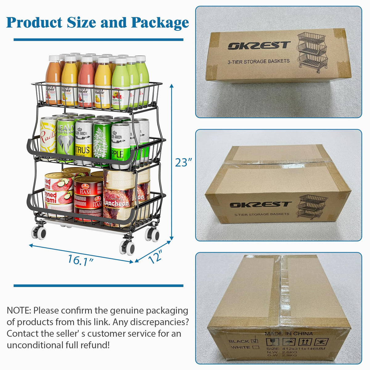 OKZEST 3-Tier Rolling Pantry Floor Organizer and Storage Cart with Wheels, Stackable Wire Pantry Baskets for Pantry Shelves, Kitchen Fruit Basket Stand and Storage Rack for Fruit Snack Onion Potato