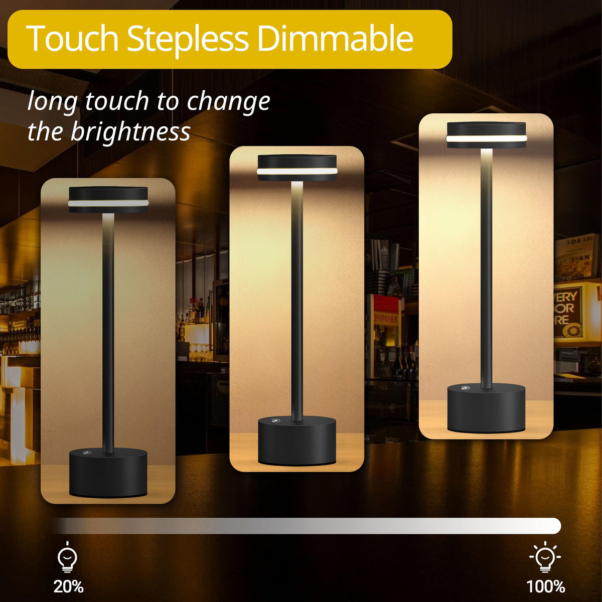ECOESPTI Cordless Table Lamp, Portable Rechargeable Bedside Lamp, Touch Stepless Dimmable Desk Lamp, for Home Bedroom Hotel Restaurant Bar Outdoor, 2 Set, Black