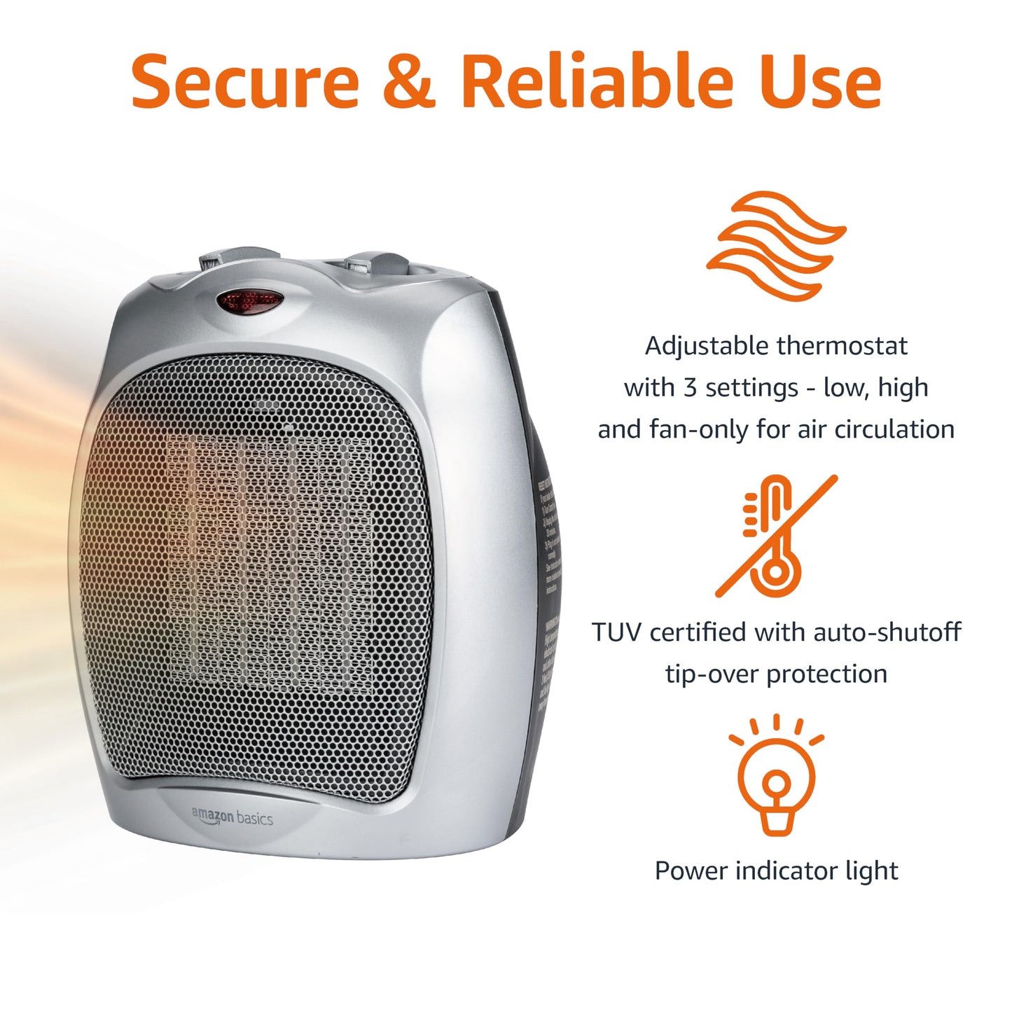 Amazon Basics Ceramic Space Heater, Portable Indoor Heating Solution, With Overheat and Tip-Over Protection, Thermostat, Non-Oscillating, 1500W, Fast Heating, 7.52"D x 6.34"W x 9.45"H, Silver