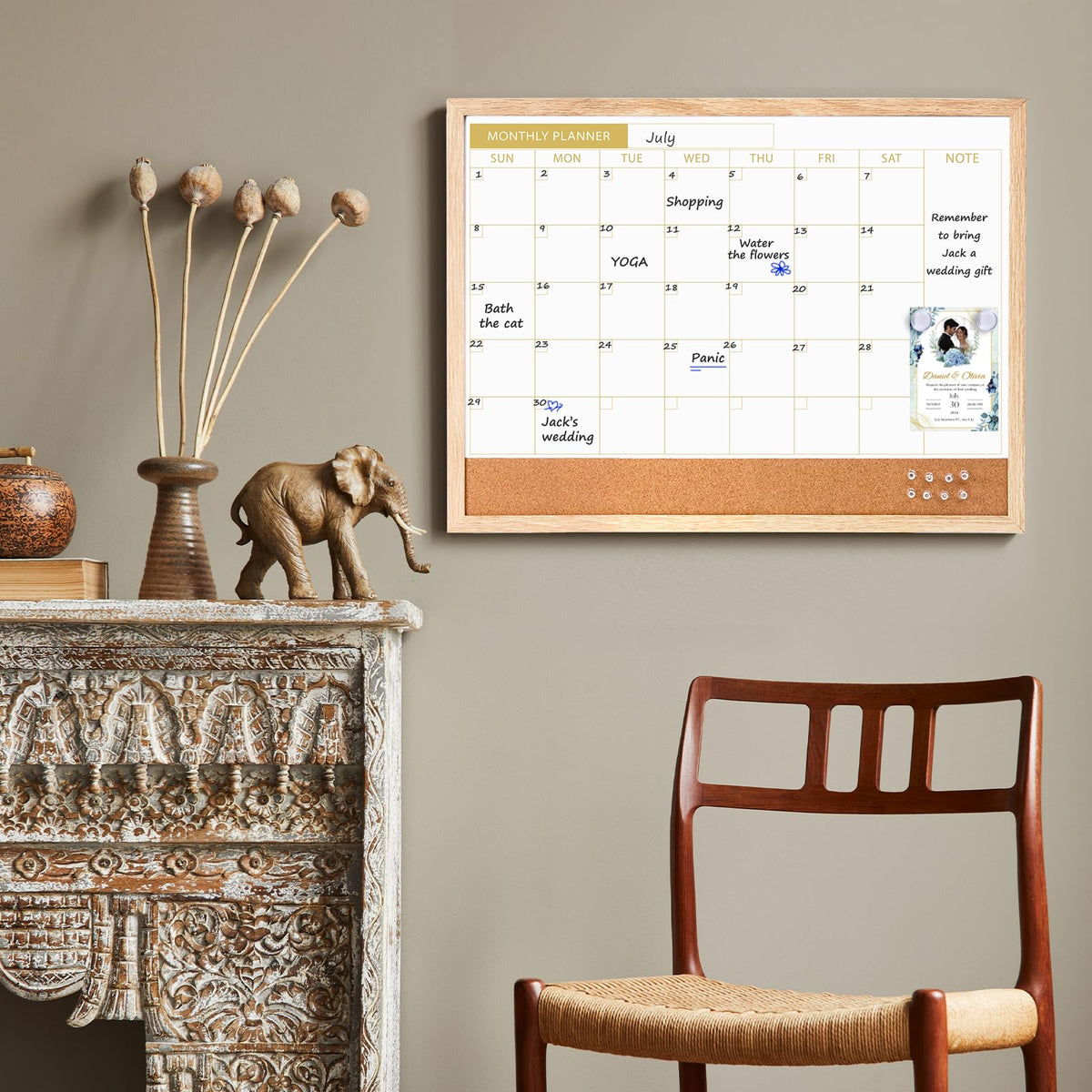 ARCOBIS Calendar Whiteboard with Cork Board, 24"x18" Wood Frame Dry Erase Calendar for Wall, Magnetic Monthly Combination Board for Home, Office, School, Kitchen, Beige