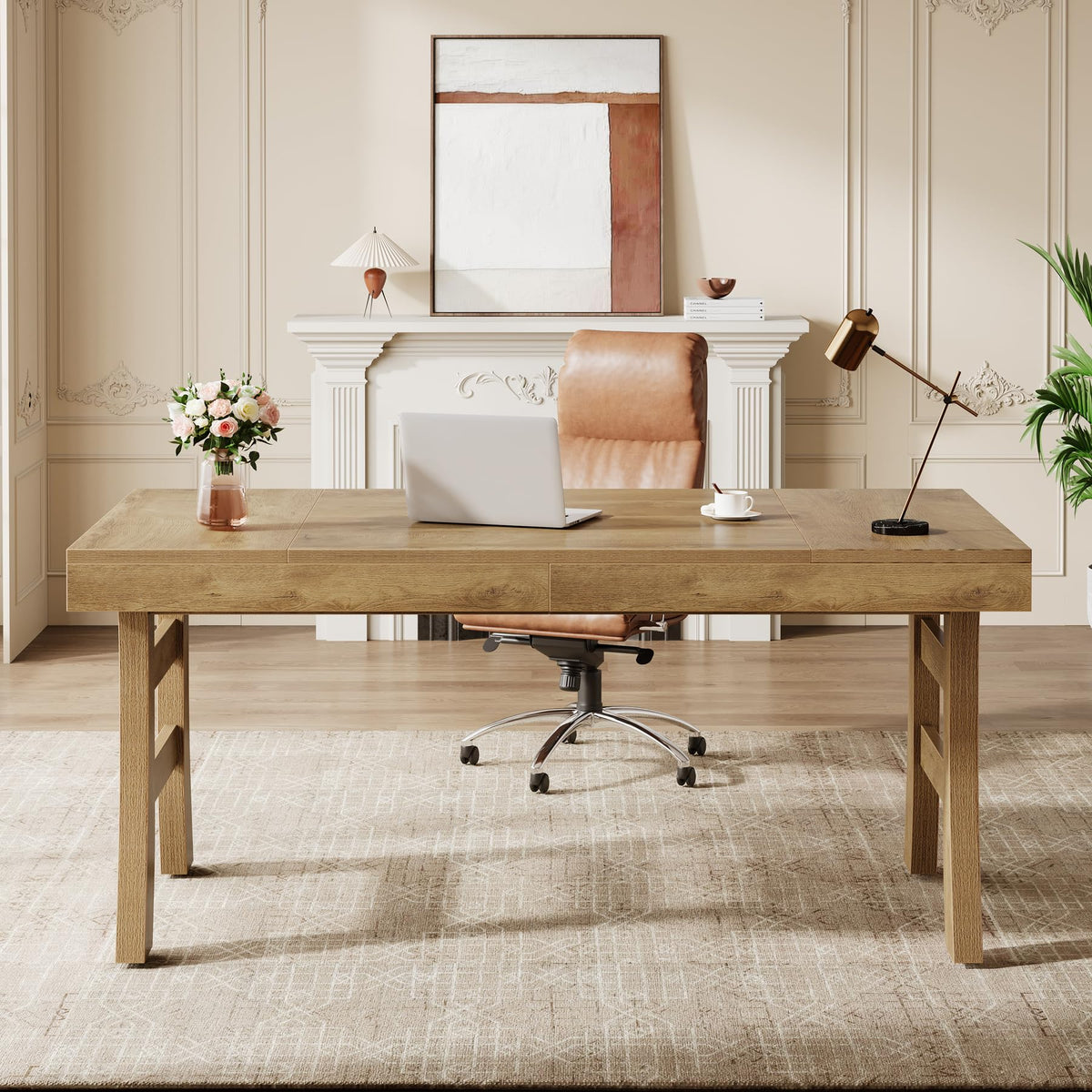 Tribesigns 63-Inch Executive Desk, Large Office Computer Desk with Sturdy Legs, Farmhouse Simple Workstation Writing Study Table for Home Office, Light Brown
