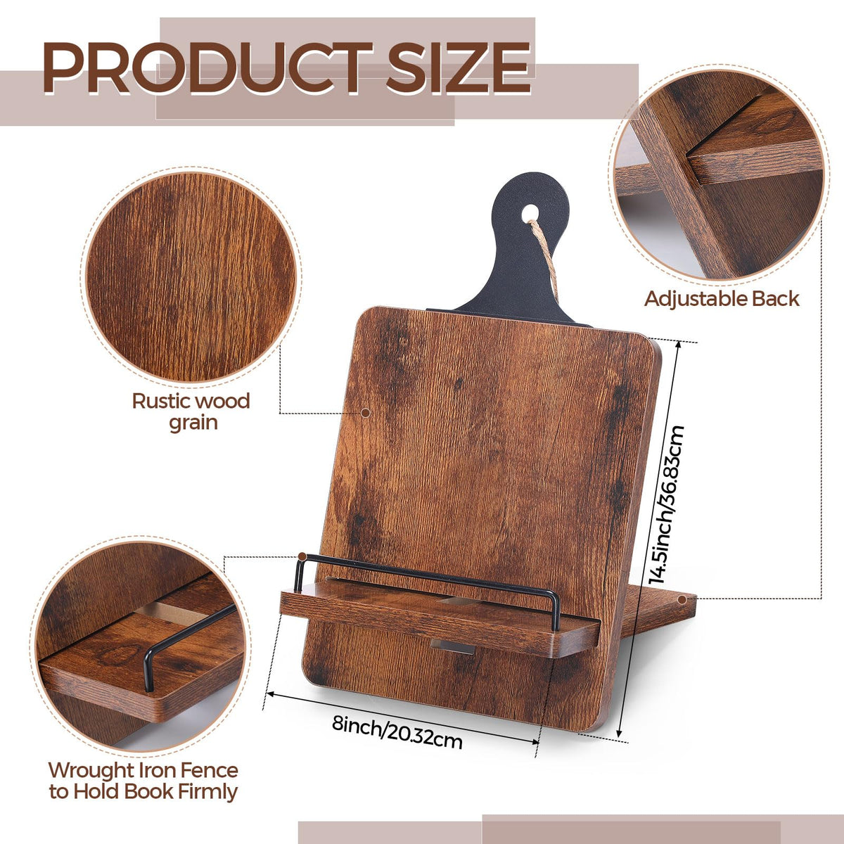 Wenqik Rustic Wooden Cookbook Stand with Charging Slot, Farmhouse Adjustable Recipe Book Holder for Kitchen Counter Tablet Magazine Display, Gifts for Chef Mom Dad Cooking Lover