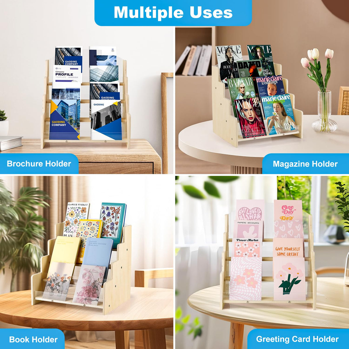 Kesiya Greeting Card Display Stand , Acrylic Sticker Display Holder for Vendors, Counter Retail Display Rack , 4-Tiered Wooden/Acrylic Display stand for postcard /Brochure/Photos/Picture