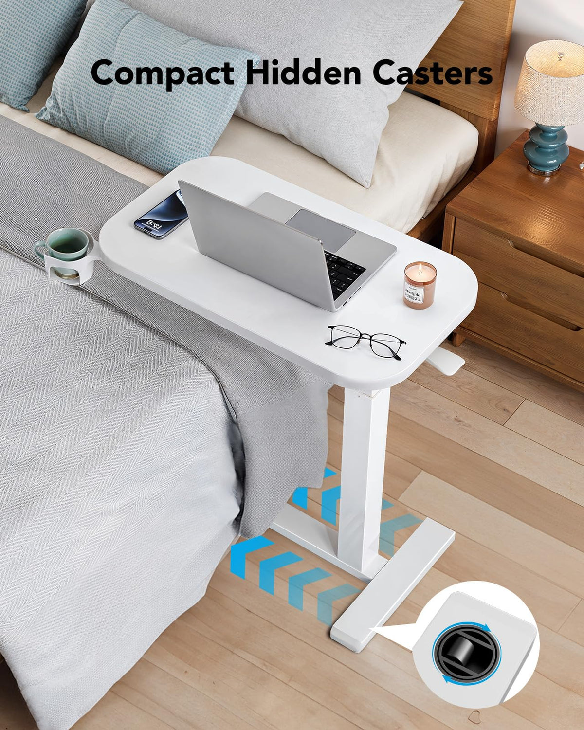 HUANUO 28Inch Bedside Table with Wheels, Height-Adjustable Rolling Computer Cart, Overbed Table with Cup Holder, Pneumatic Laptop Standing Desk for Home Office, White