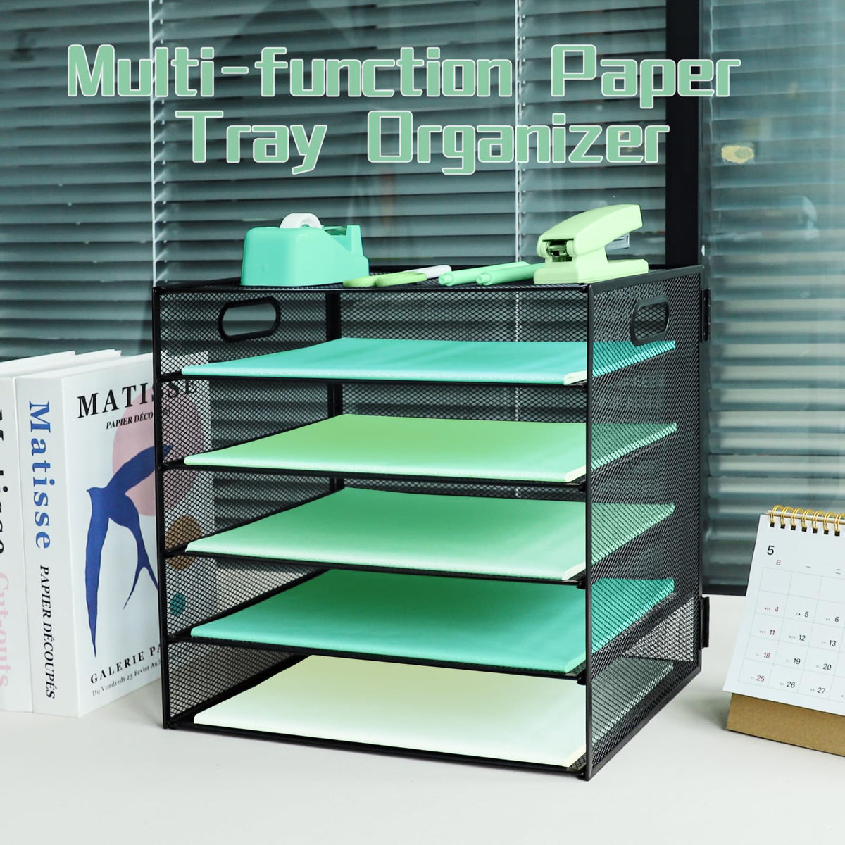 IOUGDSEC Paper Letter Tray with Handle, 5 Tier Metal Mesh Desk File Organizer, A4 Paper Desktop Filing Trays, Desk Tidy Magazine Document Holder for Home Office, Black