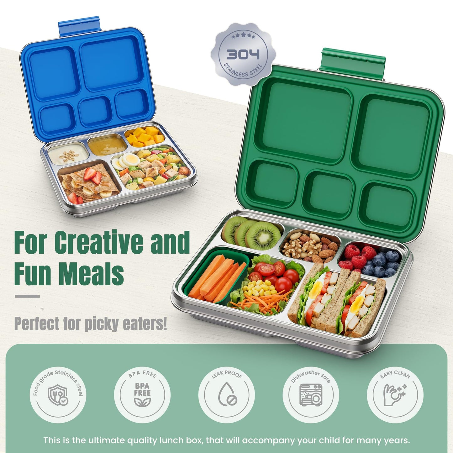 Zeekala Stainless Steel Bento Lunch Box for Kids & Adults, 5 Compartment Metal Portable Bento Box with Silicone Food Container and Removable Silicone Seal,BPA-Free,School,Office(Green)