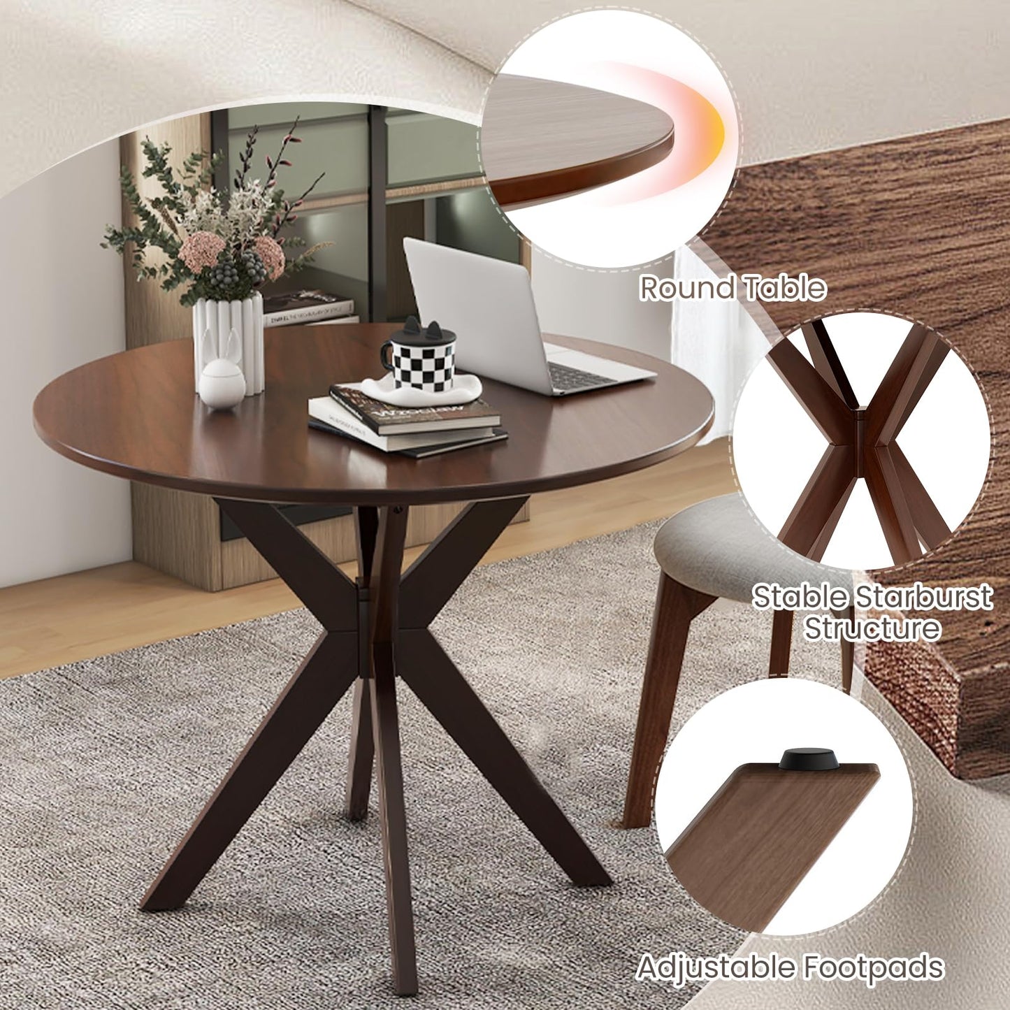 NAFORT Round Dining Table Set for 2, Mid-Century Modern Bistro Table and Chairs, Wood Kitchen Table w/Cushioned Chairs, Compact 3 Piece Dinette Set for Office, Small Spaces, Kitchen, Breakfast Nook